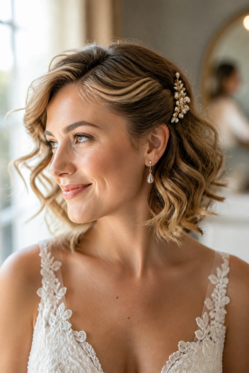 Close-up of a real bride with scattered pin curls and a pinned-back side under natural window light.