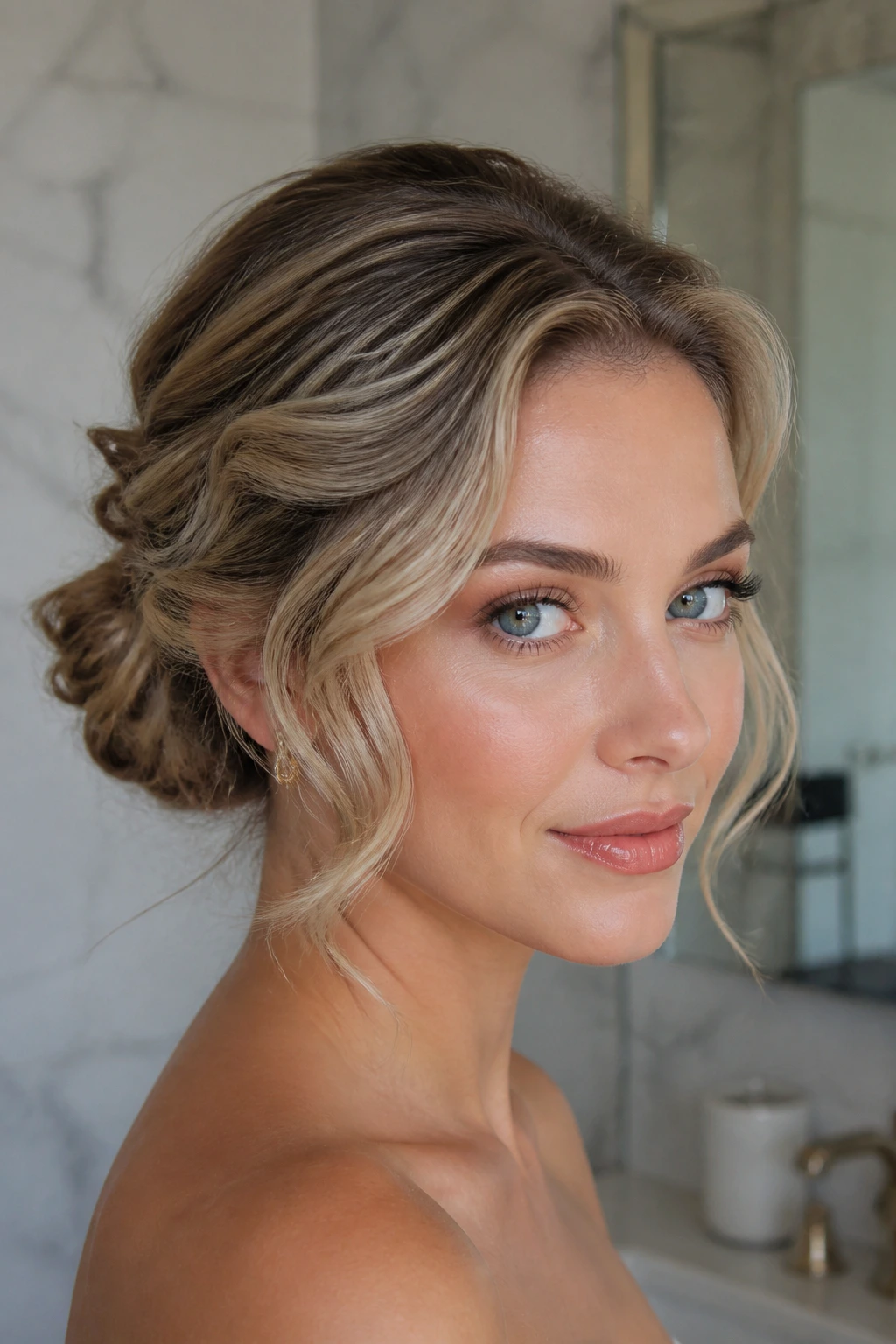 Close-up of a real woman with pin curls pinned into a bun and soft front waves