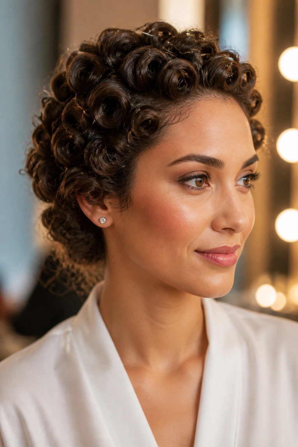 Close-up portrait of a real woman with pin curls pinned flat against the scalp