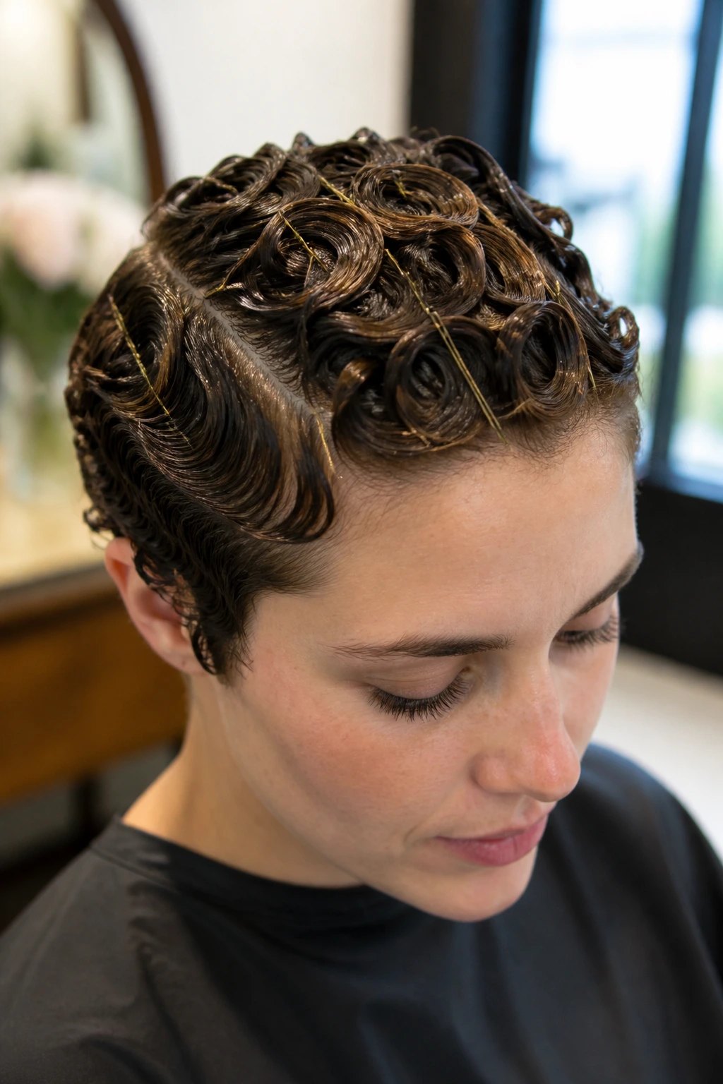 Close-up of a real woman with short hair pinned into defined pin curls.
