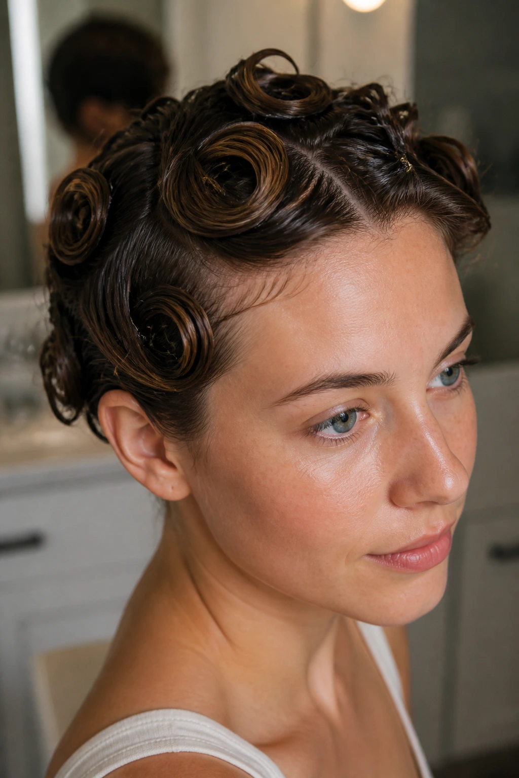 Close-up of a woman with heatless pin curls pinned to the head