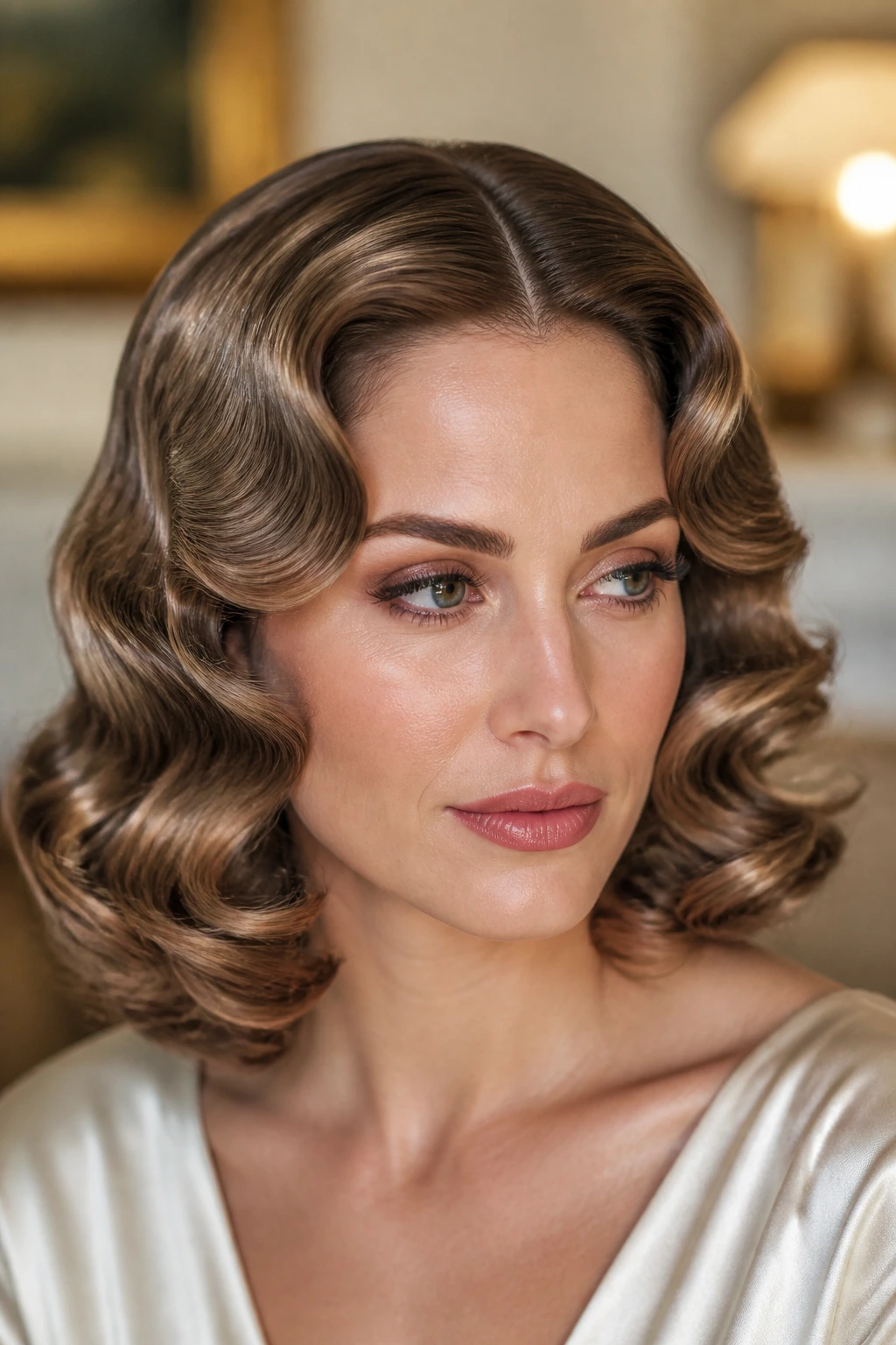 Real woman with vintage pin-curled waves and a center part on shoulder-length hair.