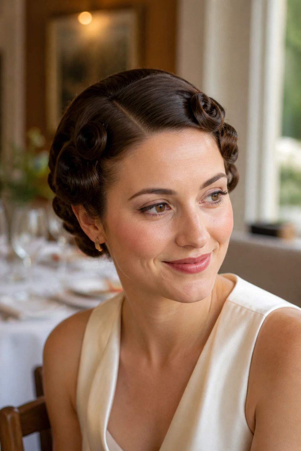 Portrait of a real woman with side-parted pin curls kept away from the cheeks.