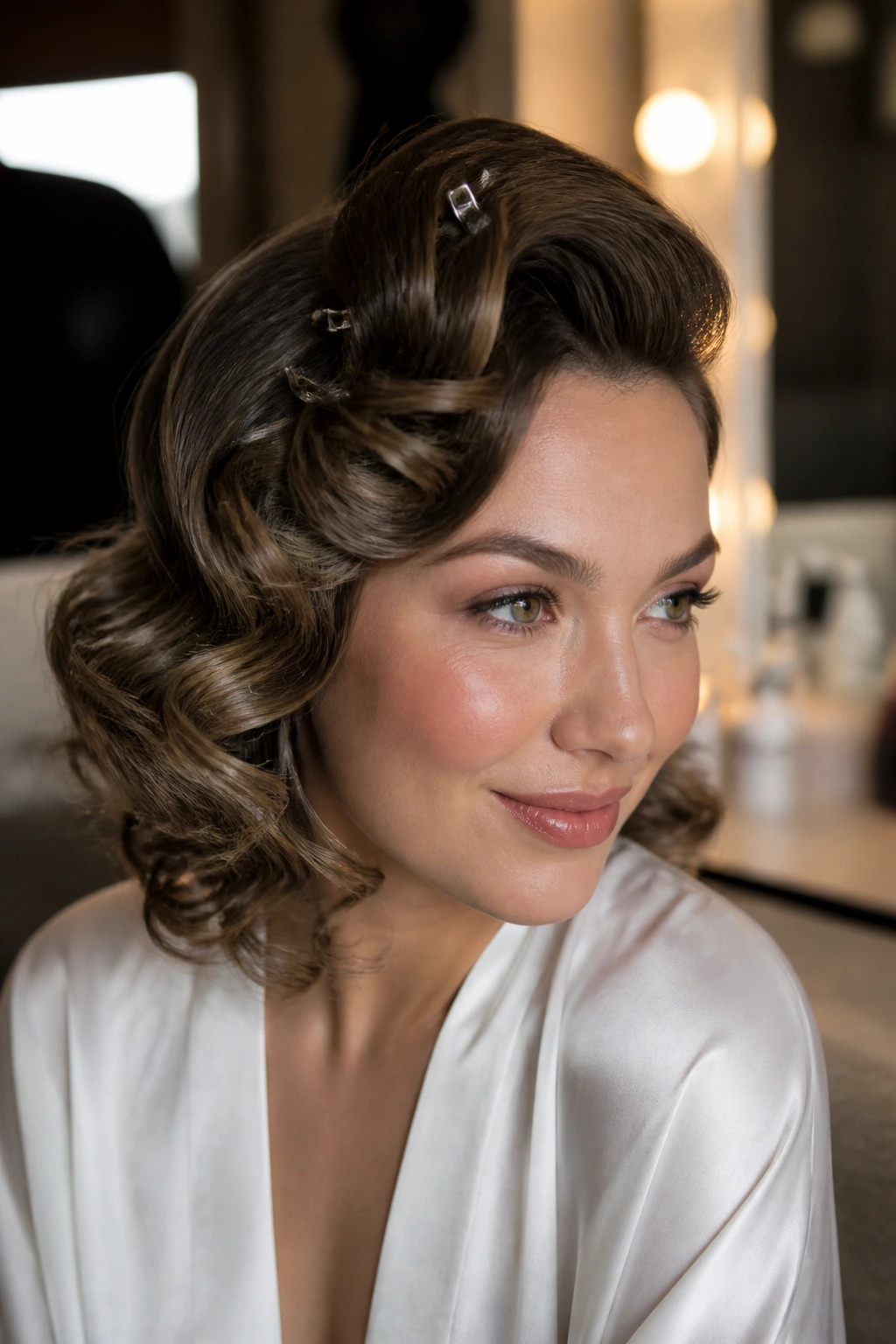 Close-up of a real woman with side-swept pin curls in warm indoor lighting
