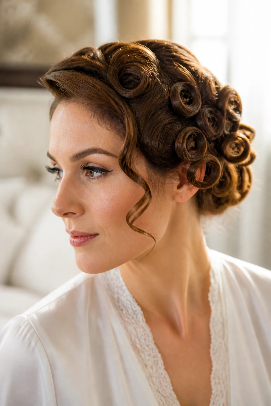 Close-up of a real woman with vintage pin curls pinned into a compact updo.