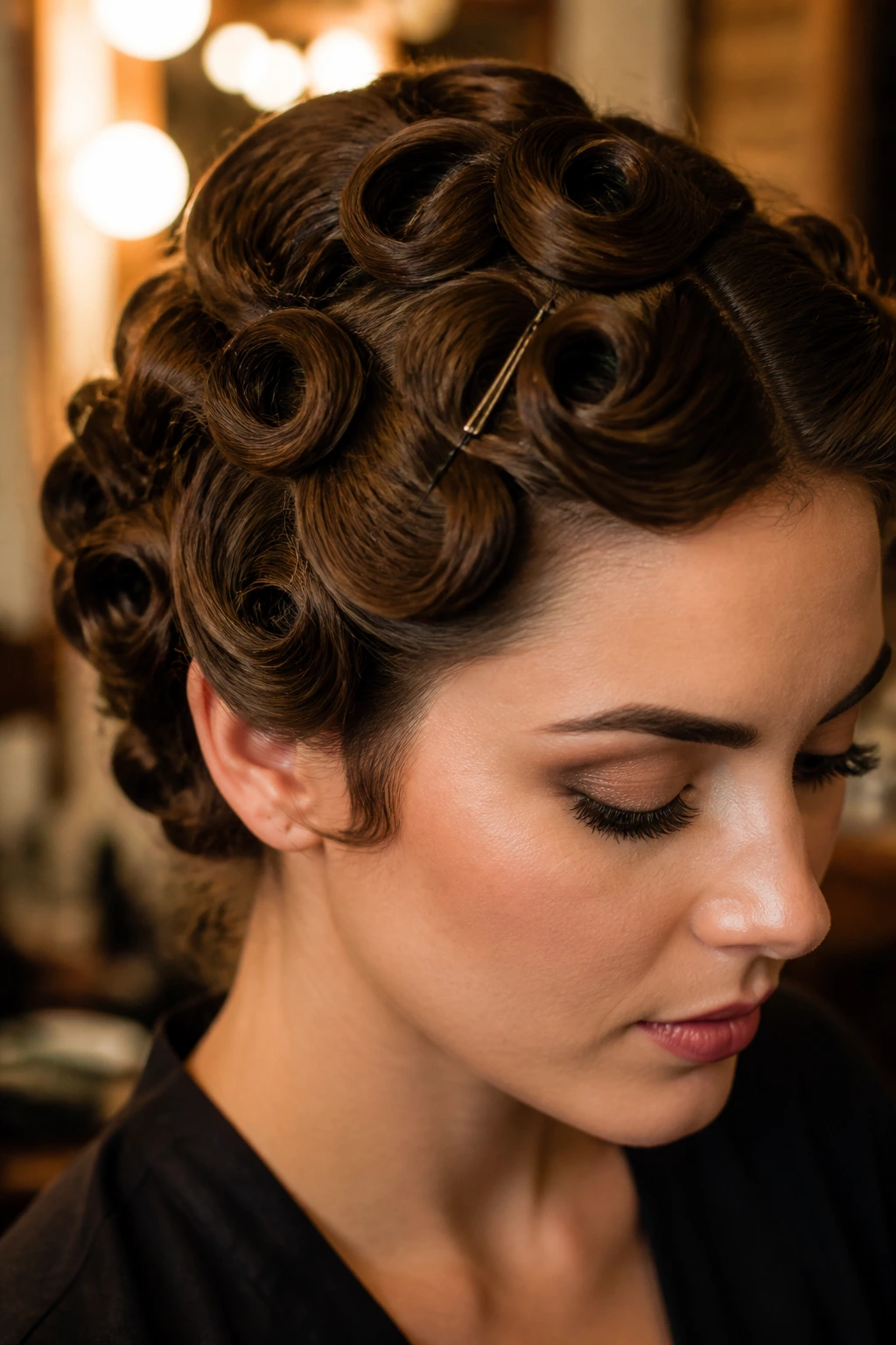 Real woman with vintage pin curls pinned to scalp