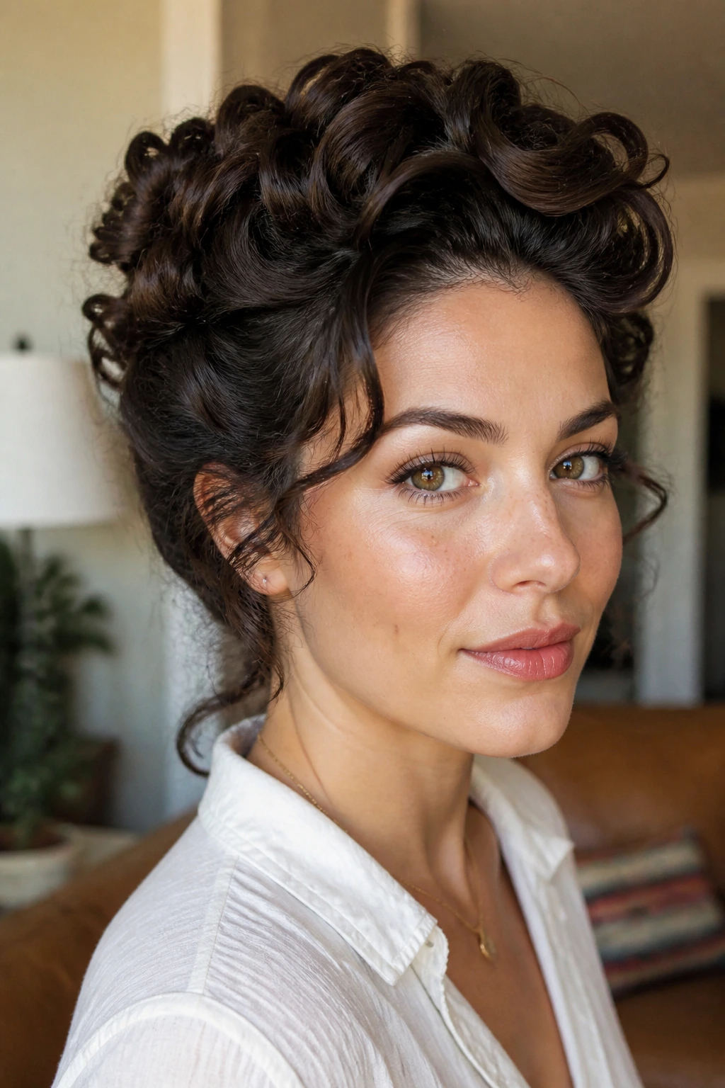 Close-up of a real woman with pin curl volume on medium-length hair