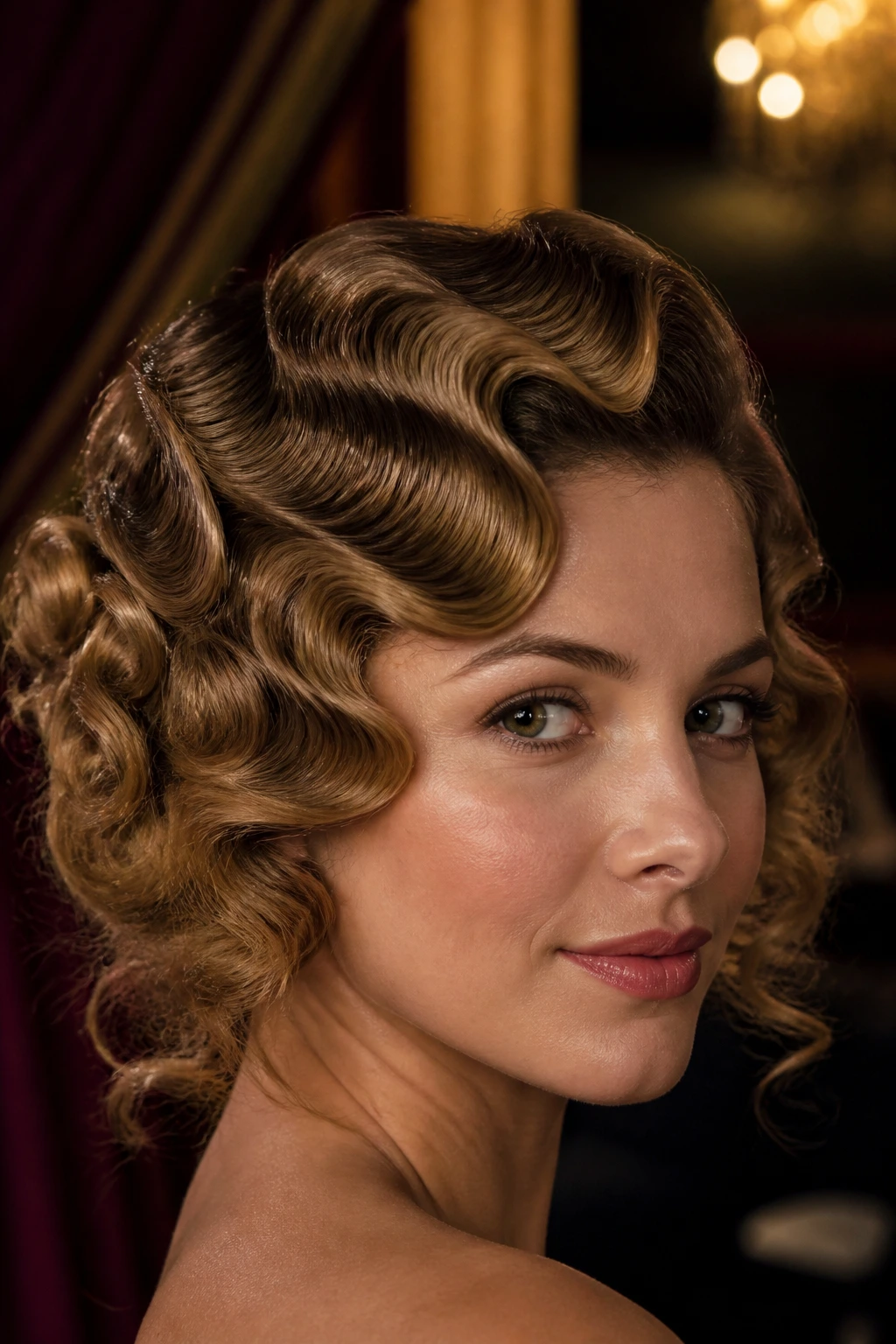 Close-up of a real woman with vintage pin-curled waves and caramel highlights