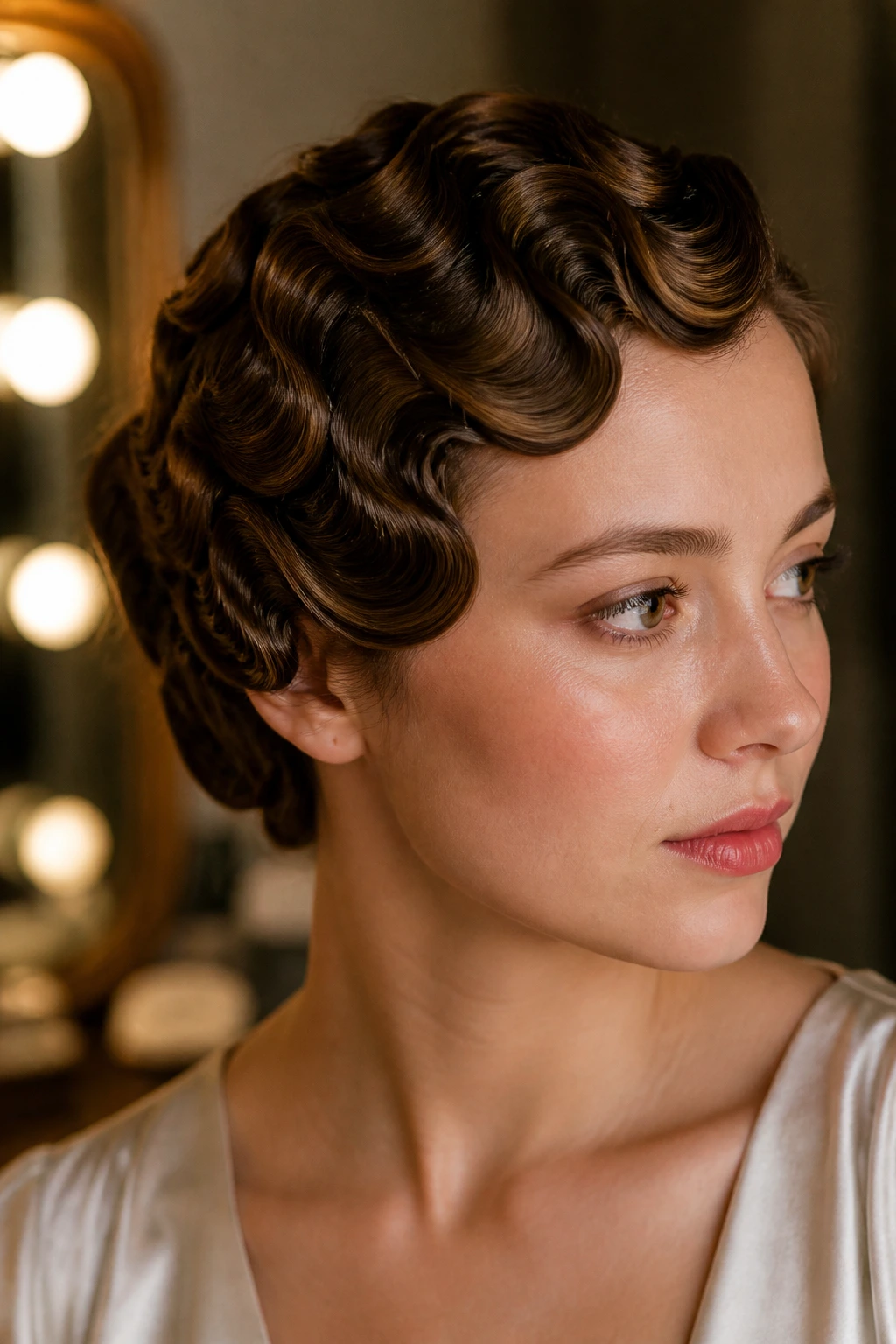 Close-up portrait of a real woman with pin curls forming waves against the head