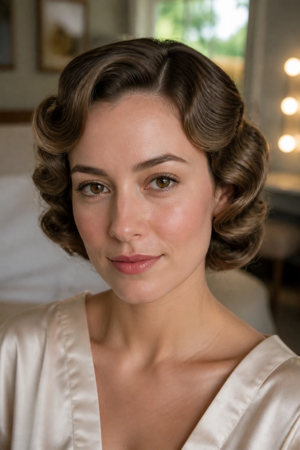 Close-up of a woman with soft pin curls framing the face