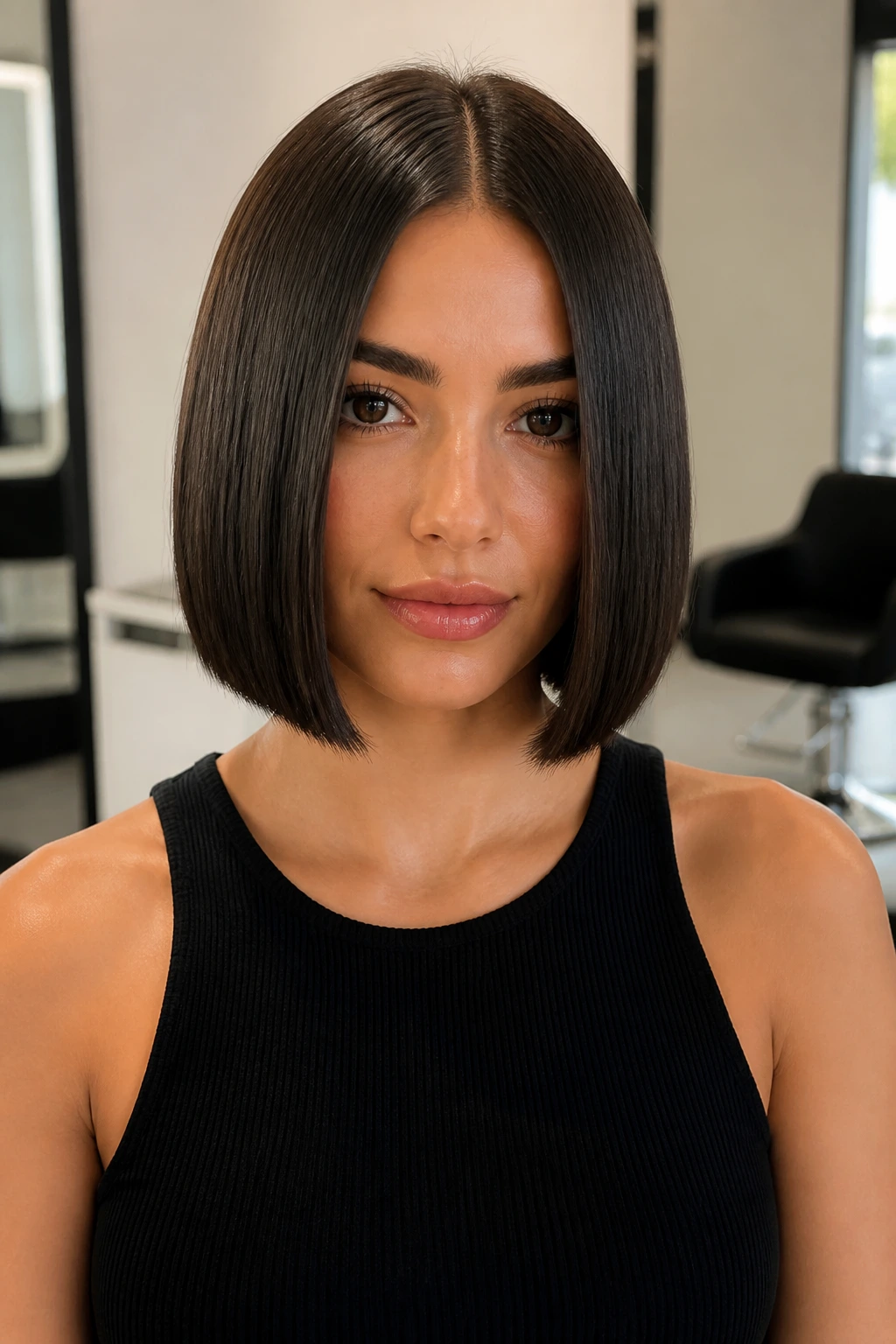 Close-up of a real woman with a pin-straight glass bob and middle part in a softly lit salon.