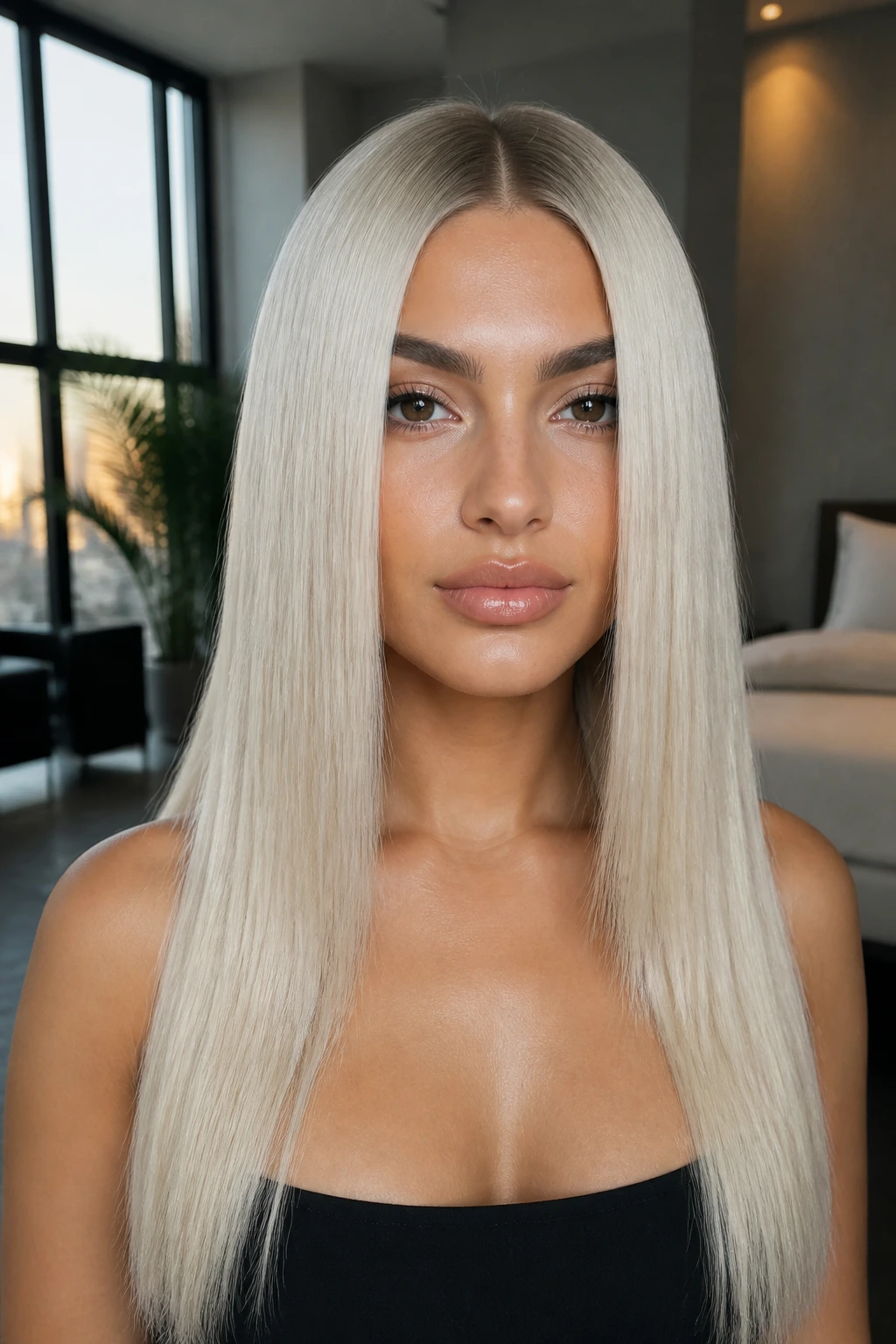 Portrait of a real woman with pin-straight center-part platinum hair
