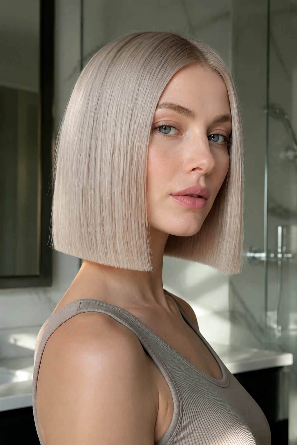 Close-up of a real person with a razor-cut straight long bob