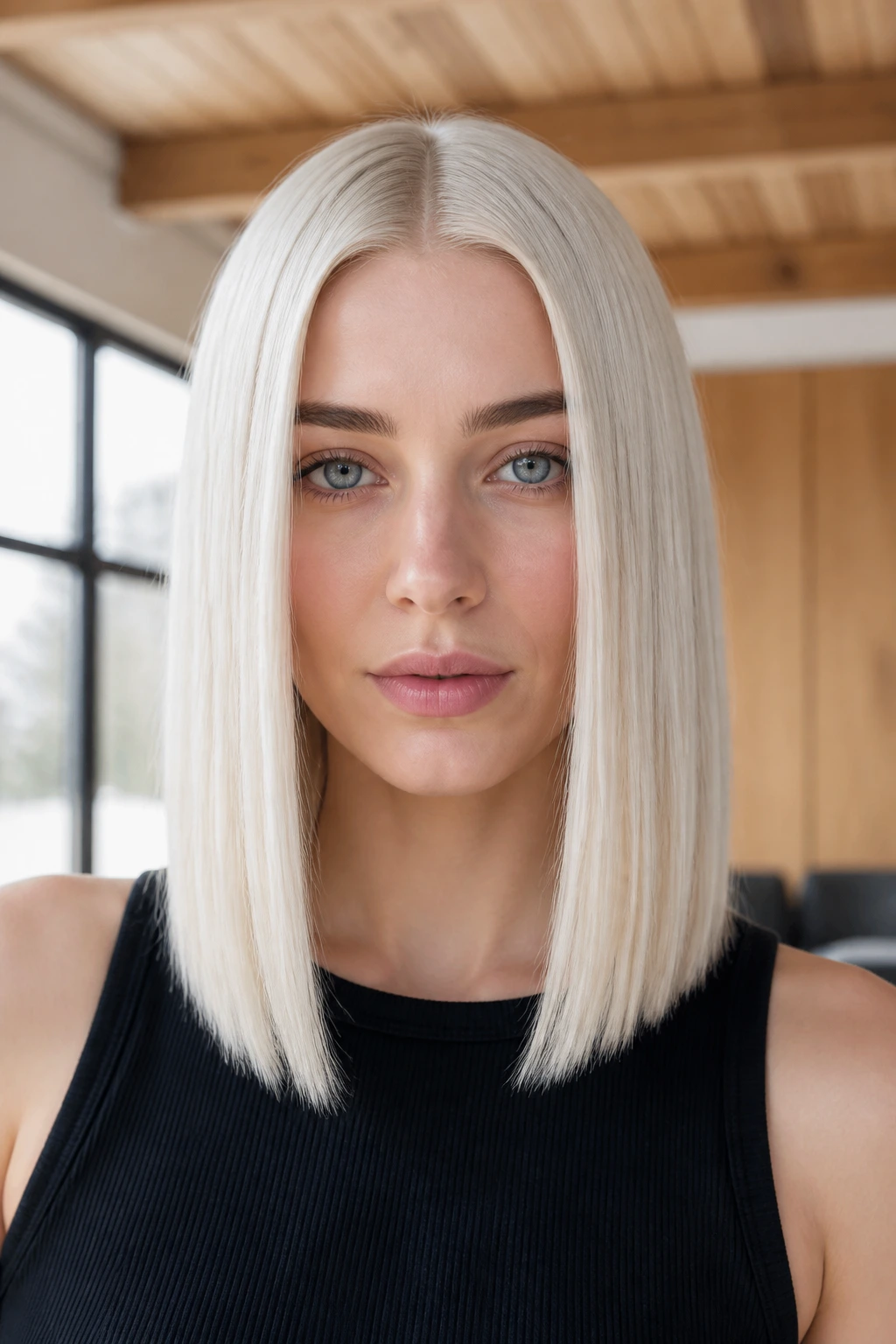 Portrait of a real woman with pin-straight platinum mid-length hair.