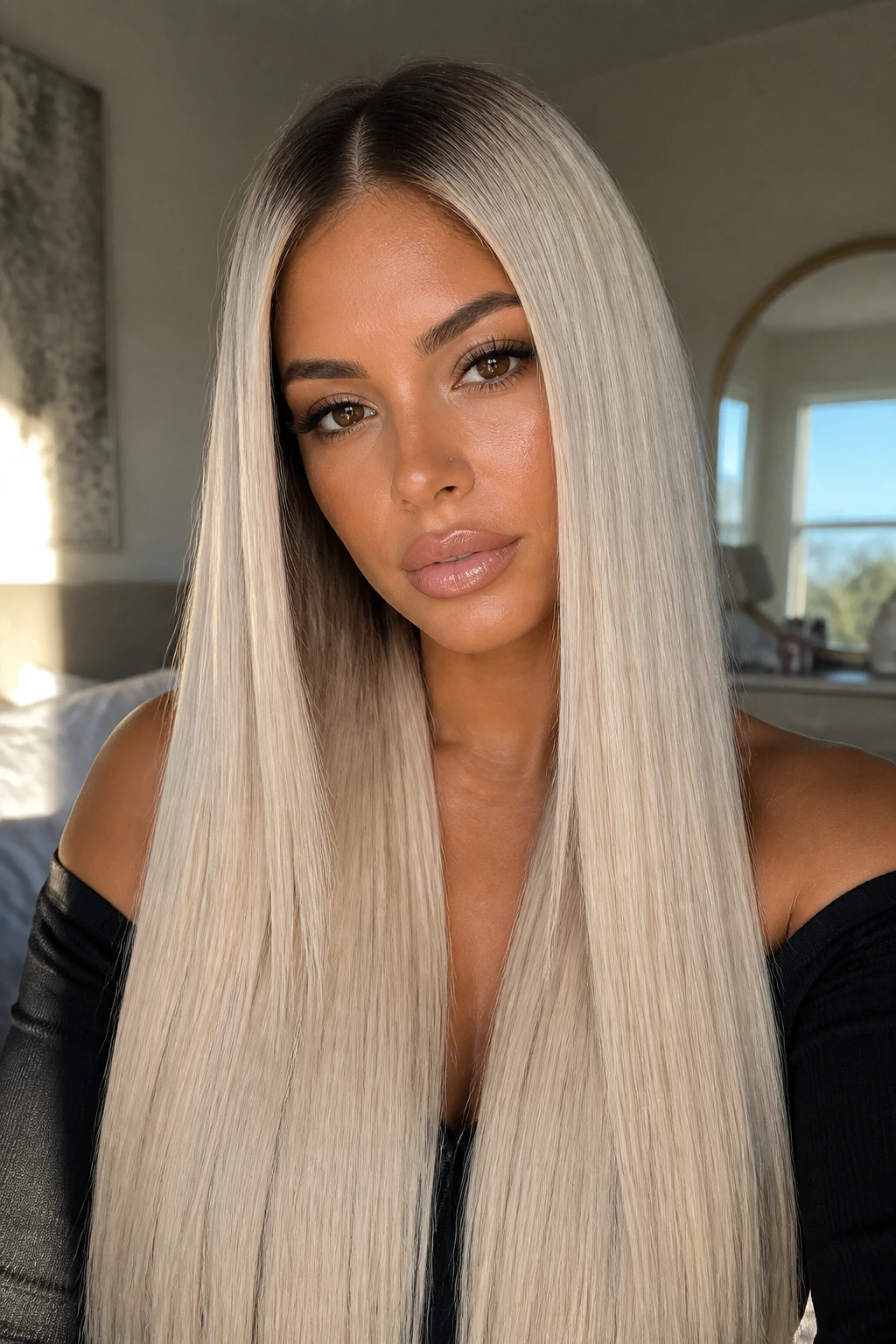 Close-up of a real woman with waist-length pin-straight platinum hair and a dark root