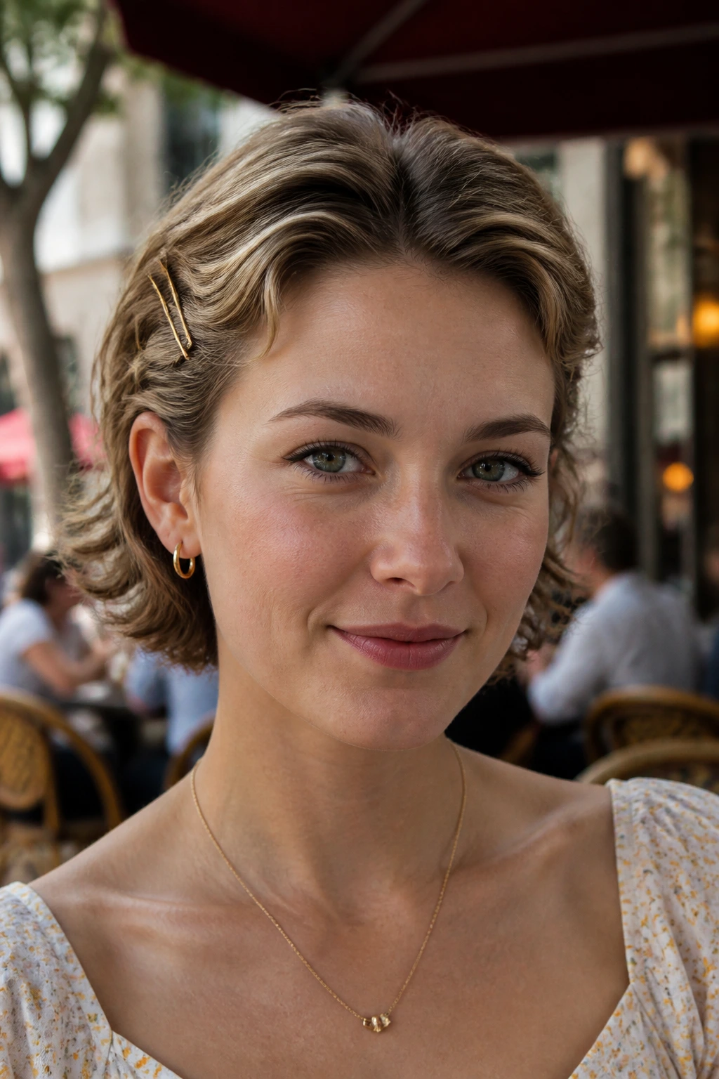 Portrait of a real person with front sections swept back and pinned above the ears