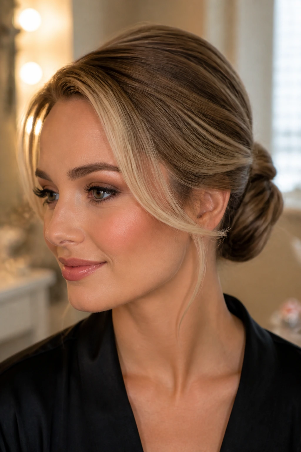 Close-up of pin-swept vintage bun with front highlights