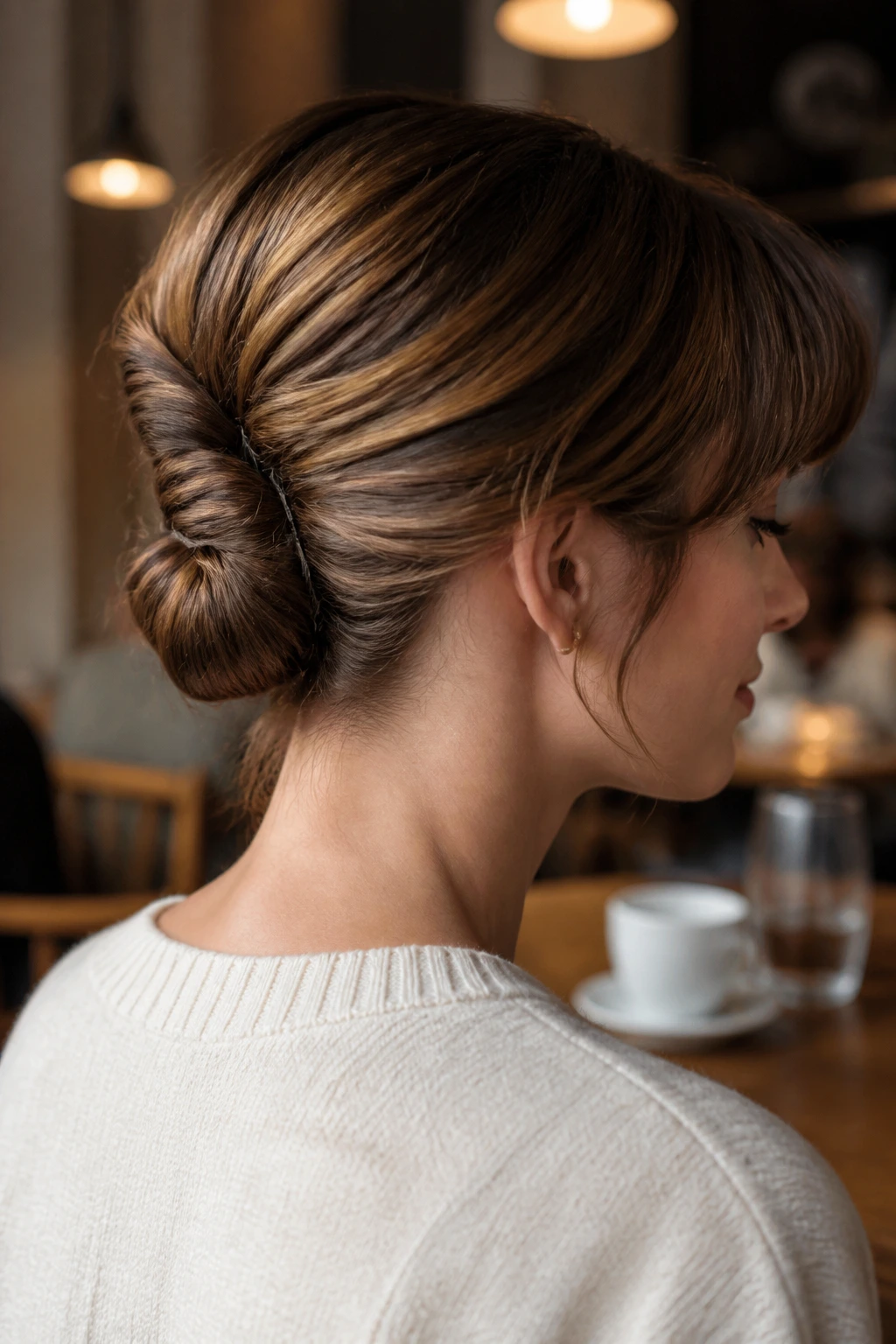 Close-up of a real woman with a pin-tucked roll at the back and side-swept bangs in a cafe interior