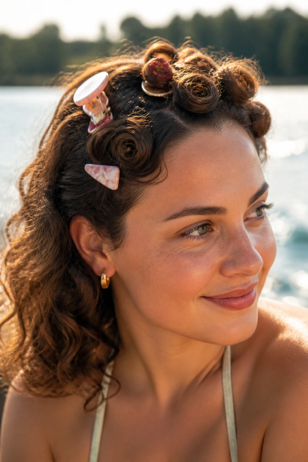 Close-up of shoulder-length curls pinned with decorative clips by a lake