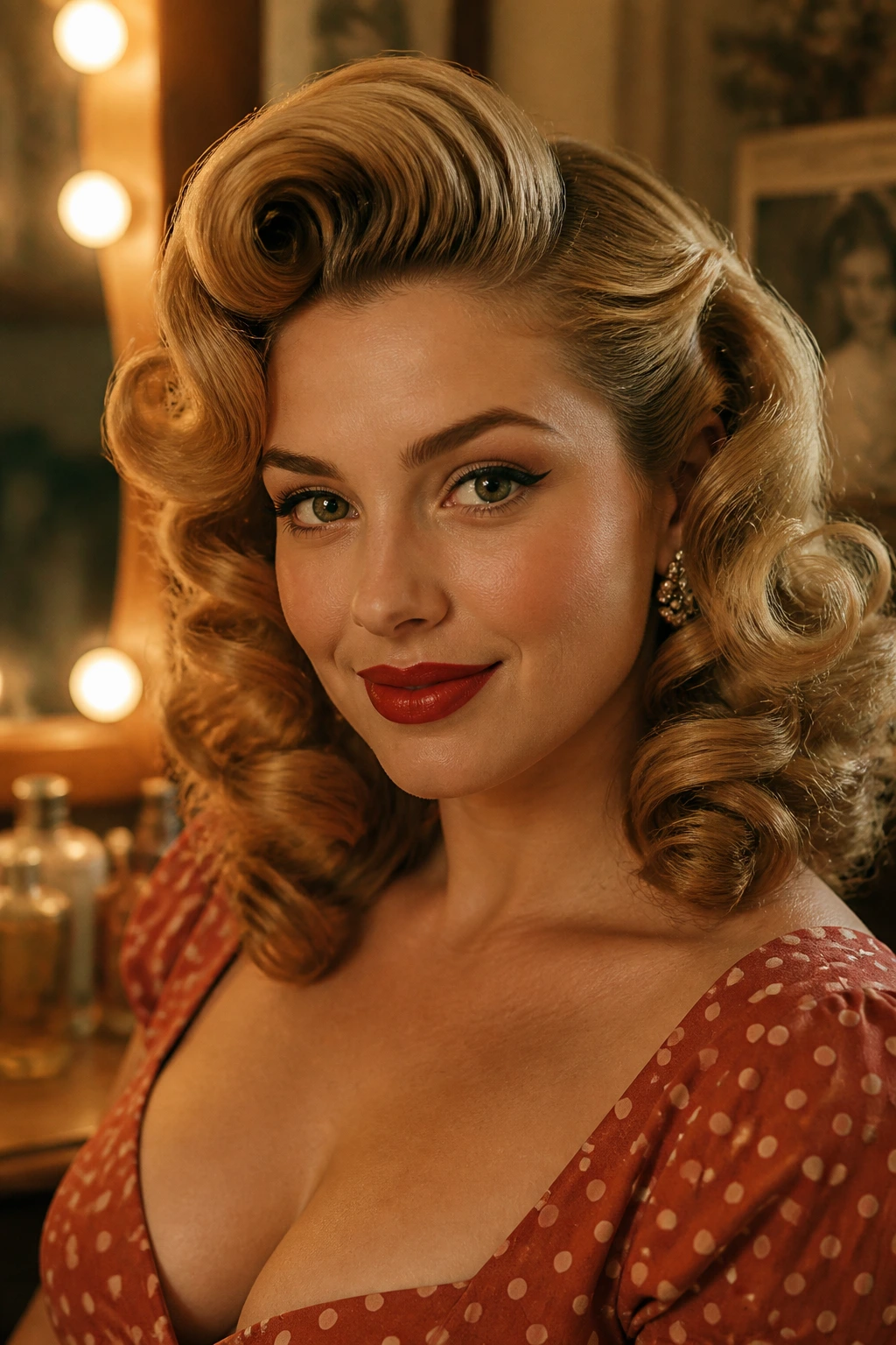 Close-up portrait of a real woman with retro pin-up curls in warm honey blonde