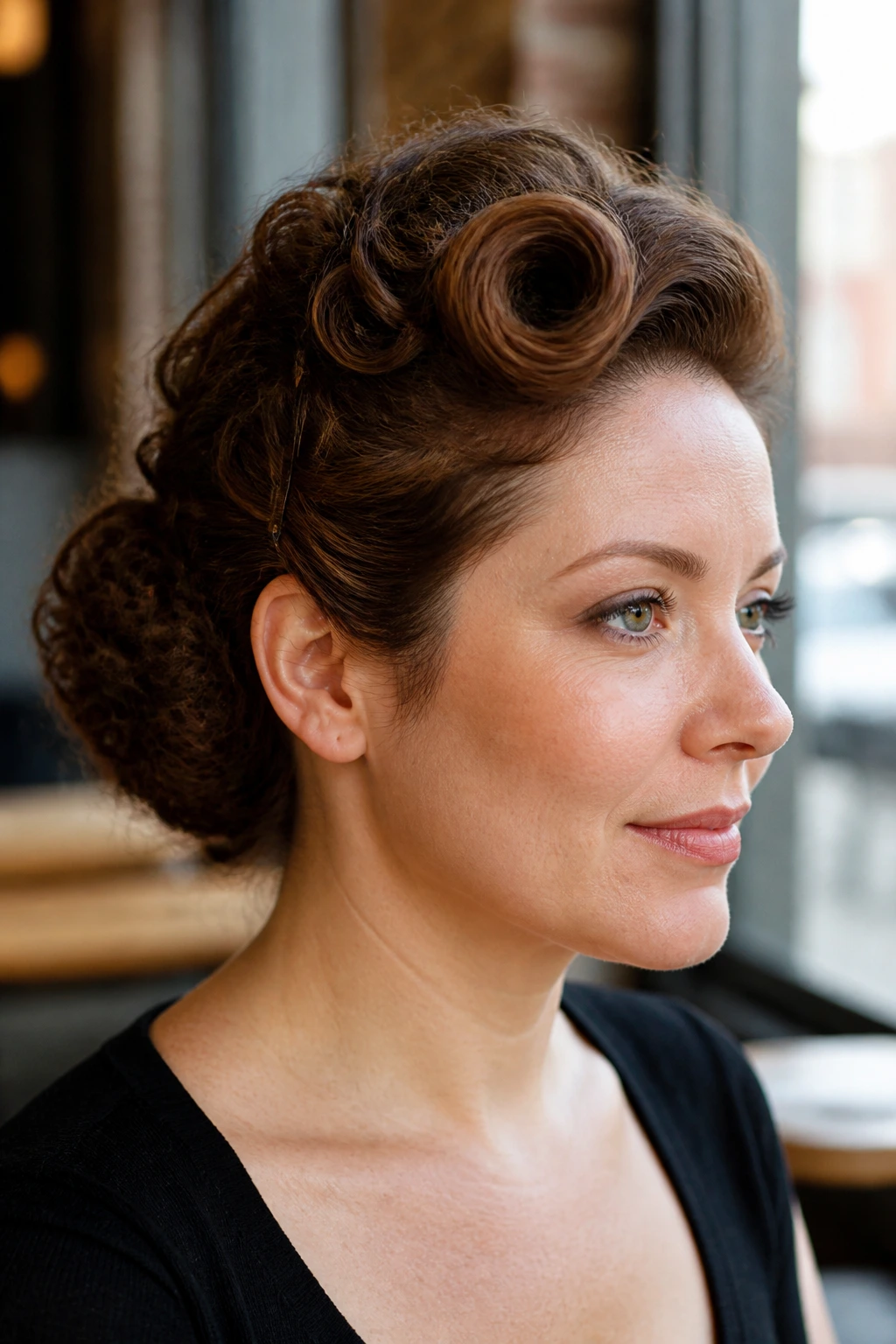 Real woman with a side pin-up curl roll and low bun in natural daylight.