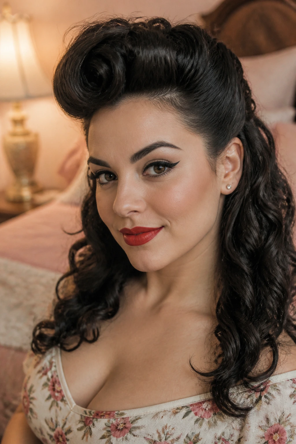 Close-up of a woman with a vintage pin-up roll and soft ends