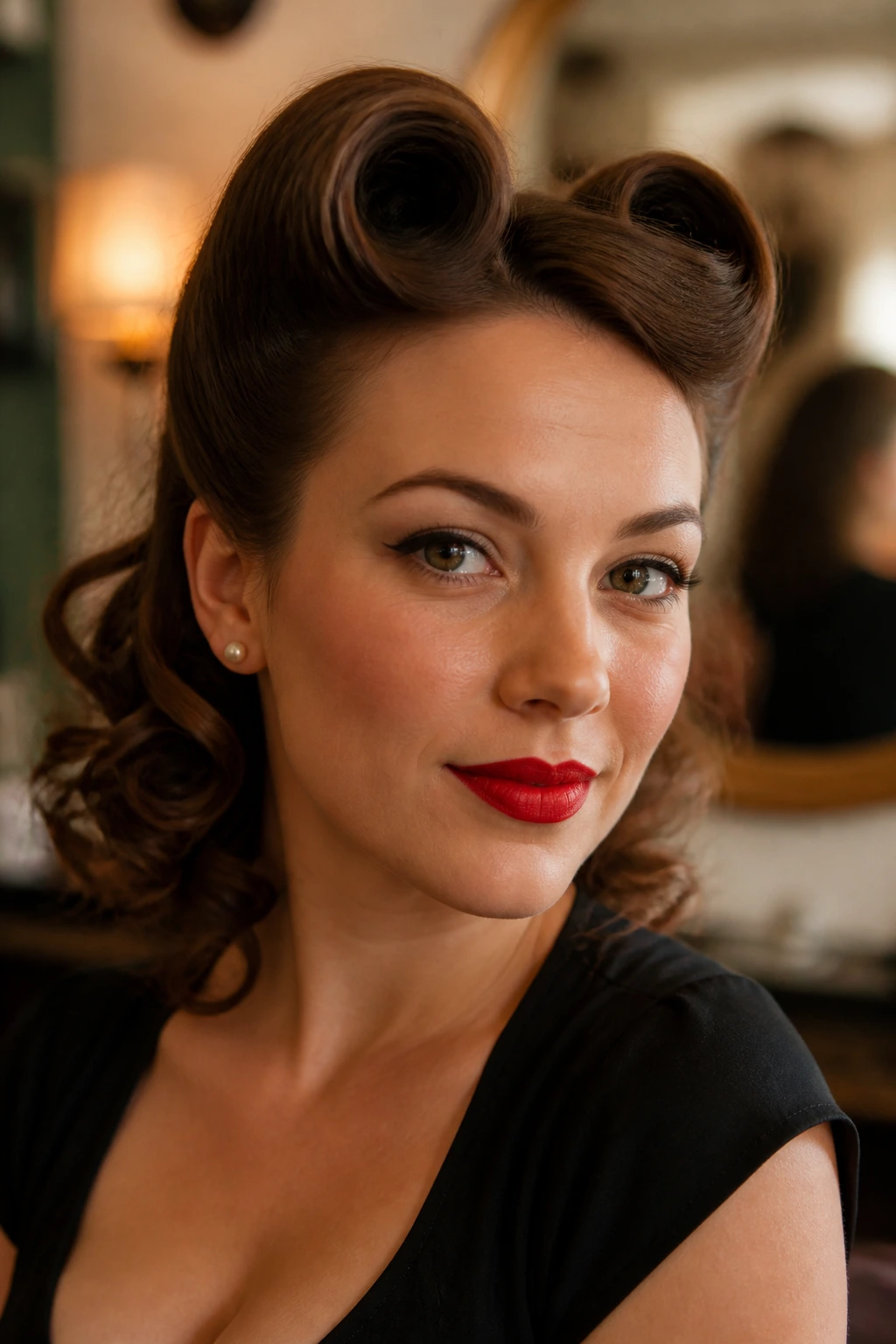 Portrait of a real woman with pin-up rolls and soft textured curls