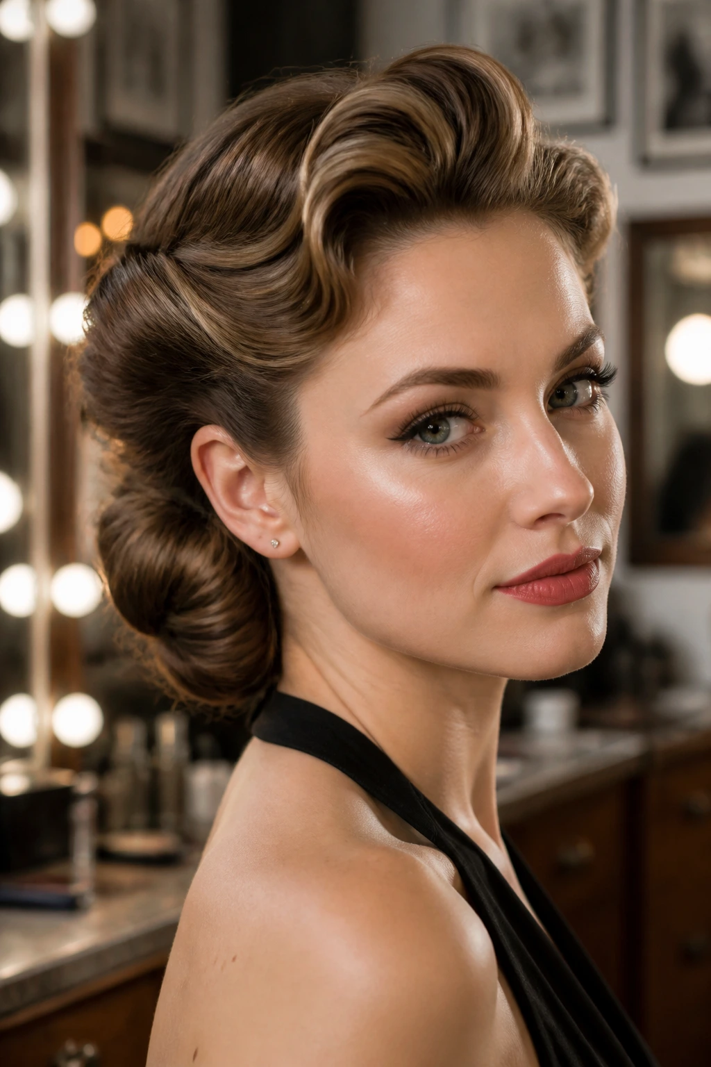 Close-up of a woman with pin-up twist rolls at the nape