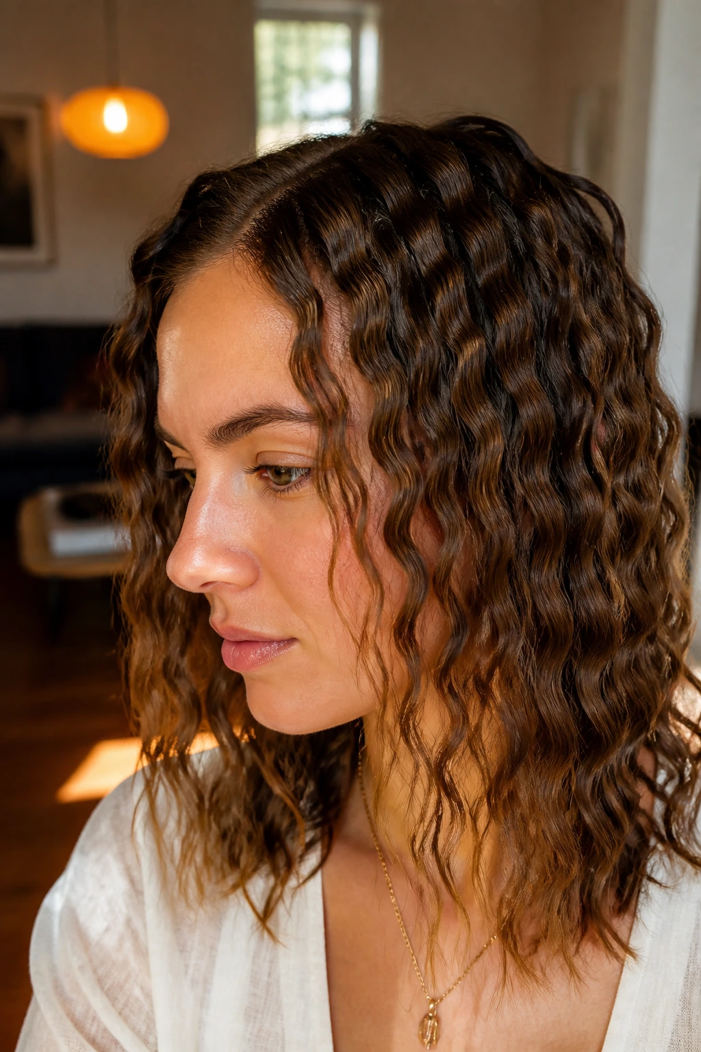 Close-up of a real woman's hair with tiny micro waves formed by pinch-and-twist technique.