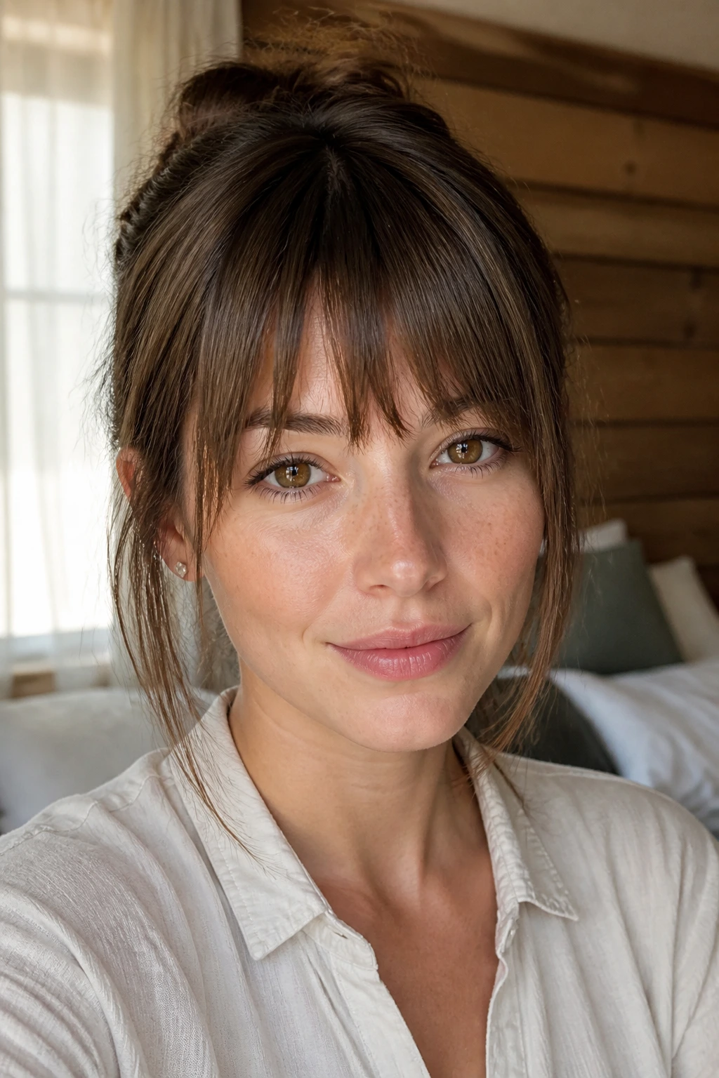 Close-up of real woman with pinched-ends fringe in natural bedroom light