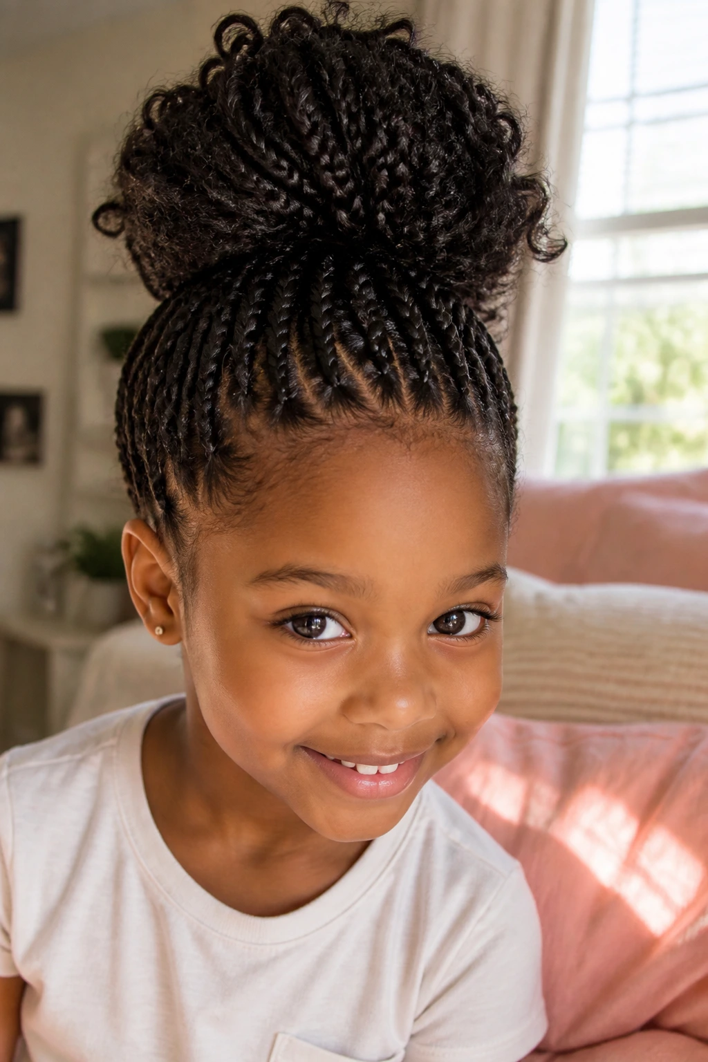 Close-up of a real child with a high, airy pineapple bun.