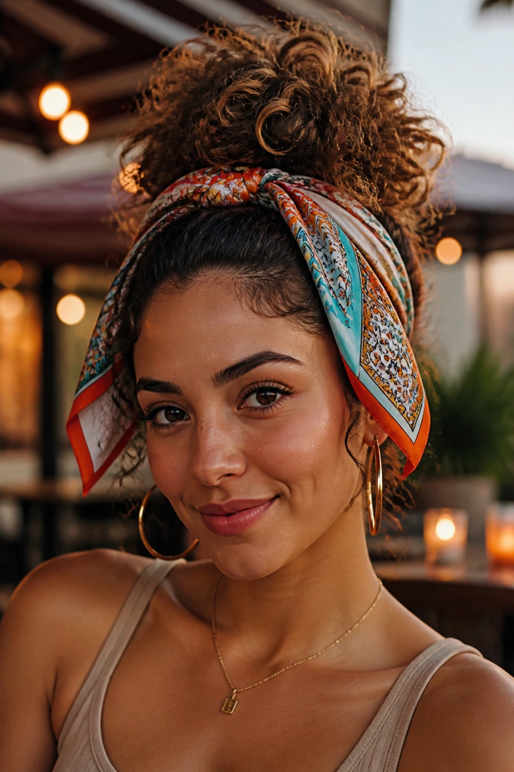 Real woman with scarf-tied pineapple bun, colorful scarf framing temples