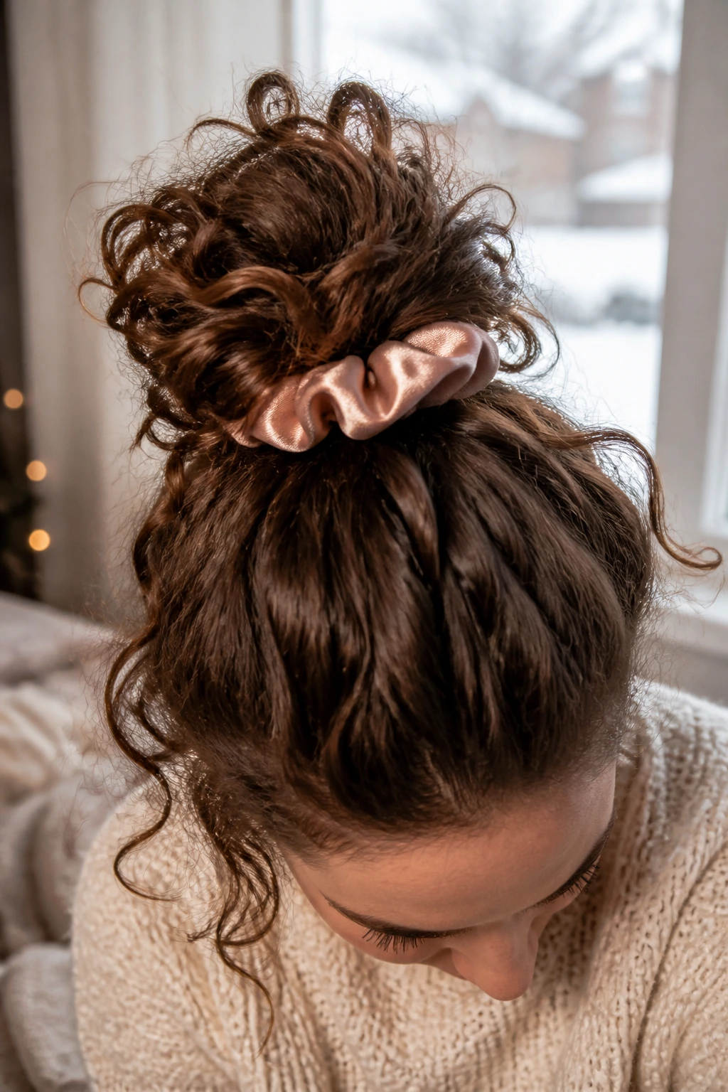 Top view of a real woman with a loose pineapple bun.