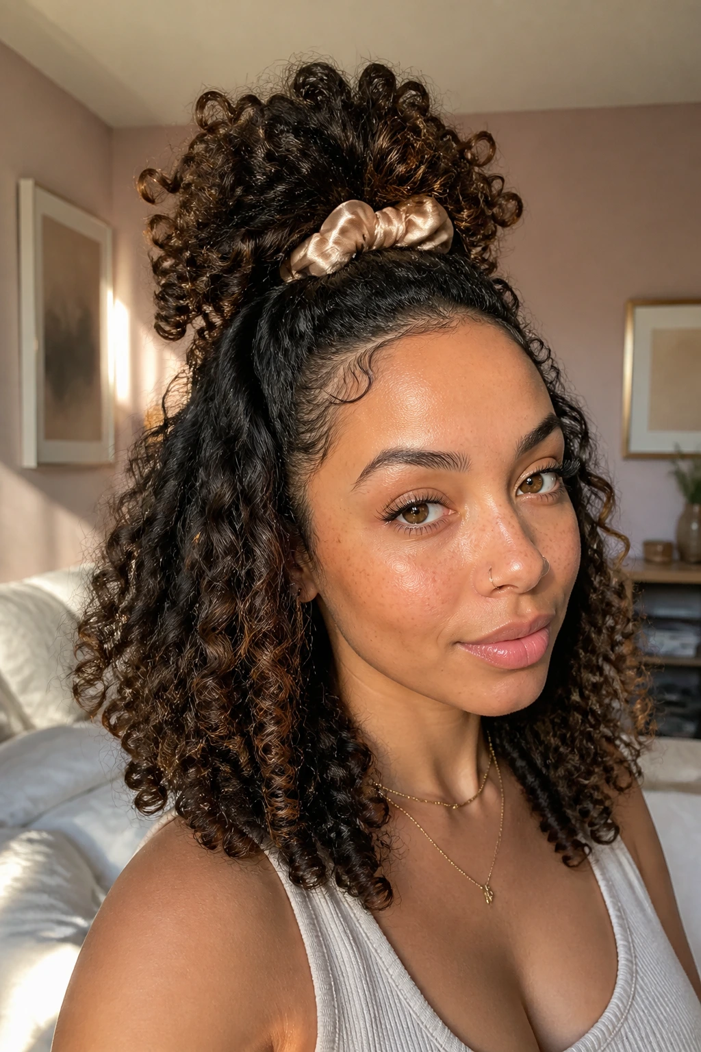 Close-up of a real woman with a pineapple crown half-up hairstyle