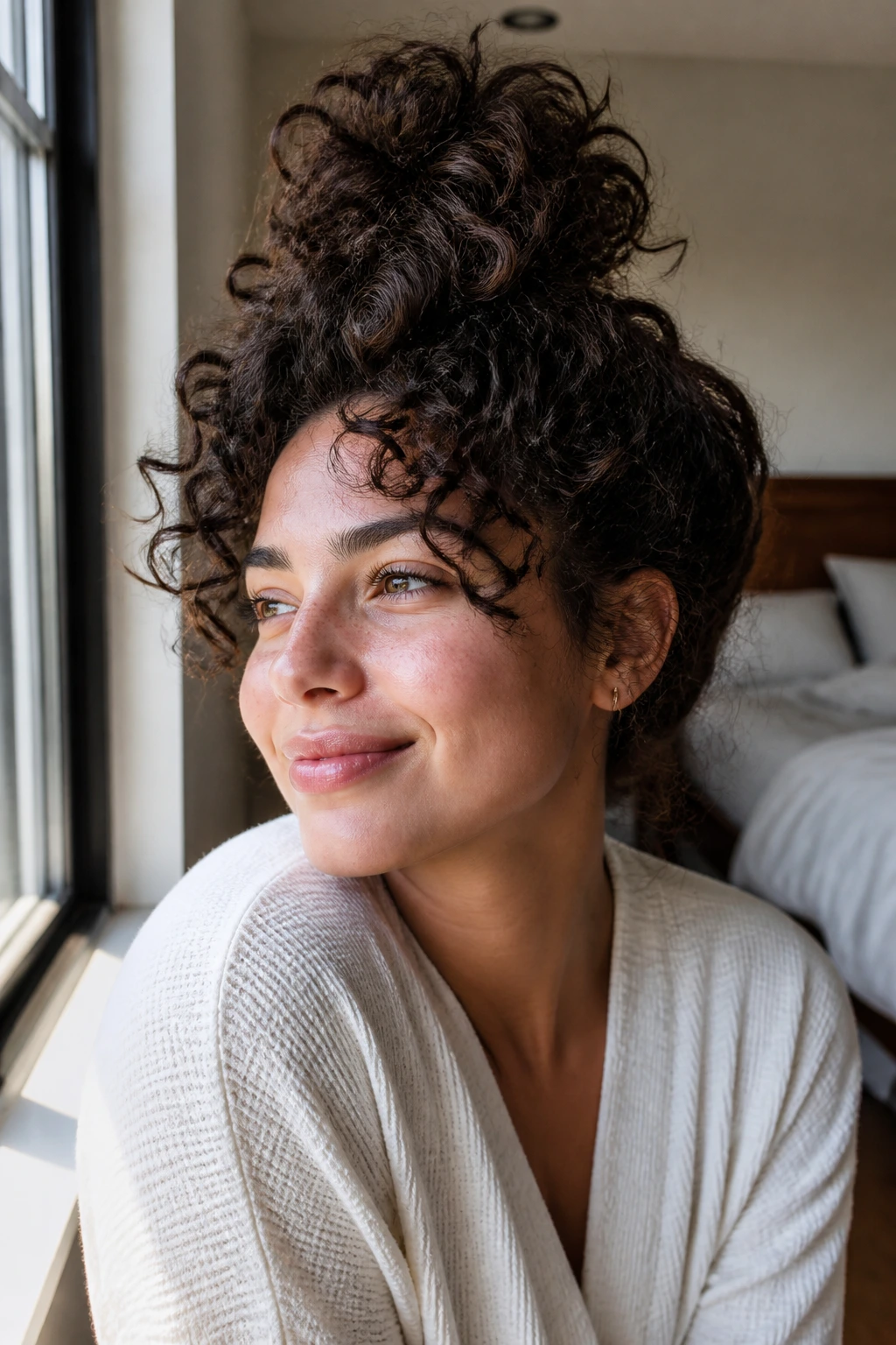 Close-up of a real person with a pineapple-style top knot keeping crown lifted overnight