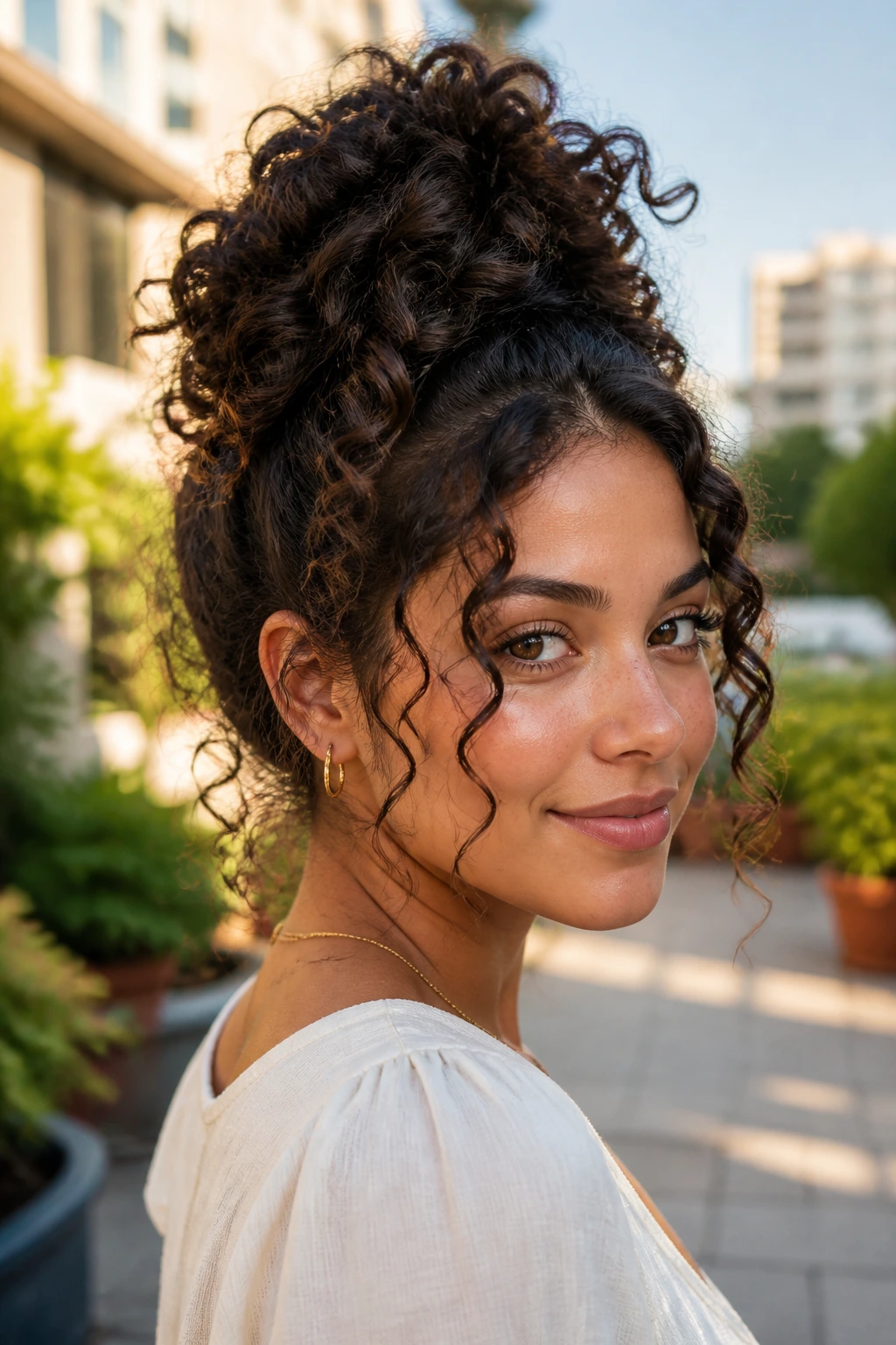 Close-up of a woman with a curly pineapple bun and face-framing tendrils