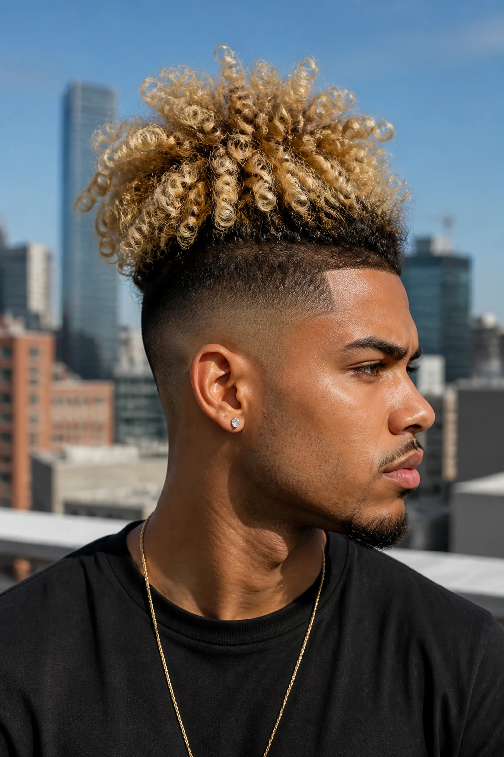 Head-and-shoulders portrait of a man with a pineapple top fade and butter blonde crown outdoors