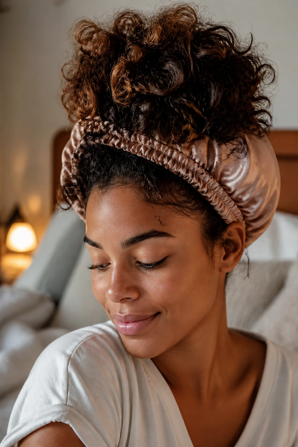 Close-up of a woman with curly hair in a pineapple style for shape retention overnight