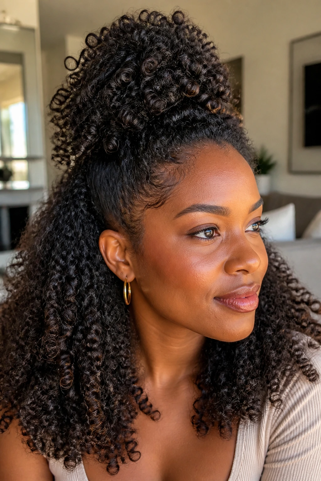 Portrait of a real woman with a pineapple half-style, top lifted, curls around shoulders.