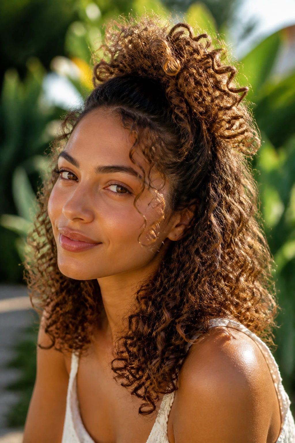 Close-up of a real woman with Pineapple Half-Up hairstyle