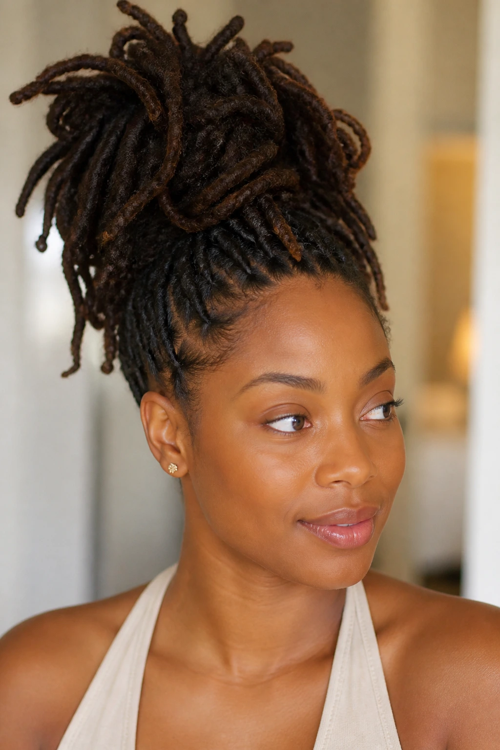 Close-up of a real person wearing a high pineapple loc updo