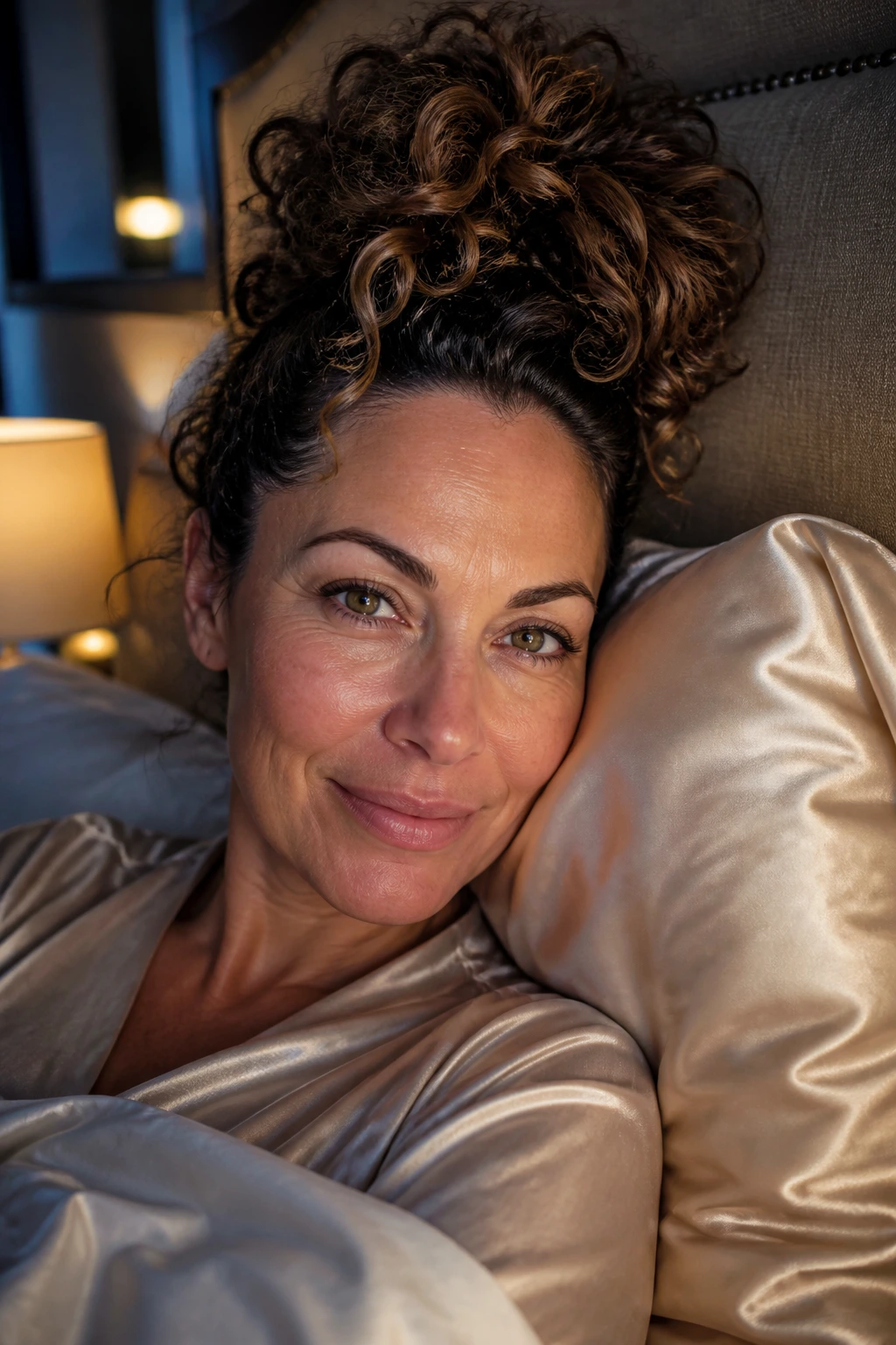 Close-up of a woman in a bedroom wearing a loose pineapple hairstyle for night care