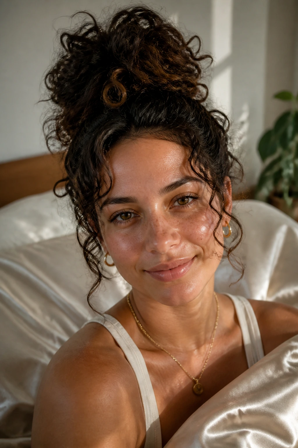 Close-up of a real person with a loose pineapple updo for shape maintenance
