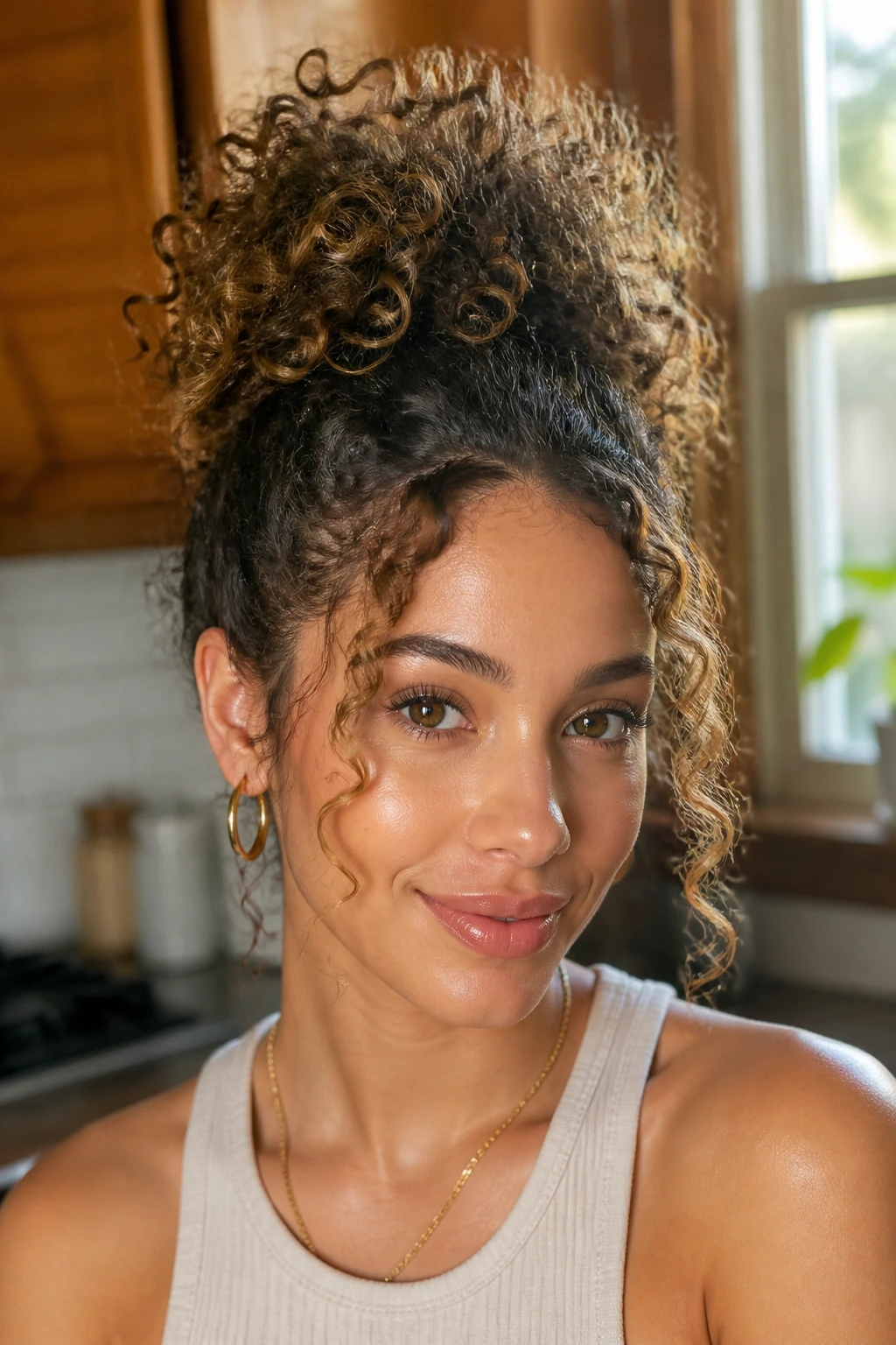 Close-up of a real woman with a pineapple pony and face-framing pieces.