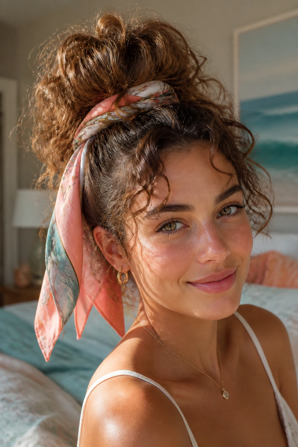 Close-up of a real woman with a high pineapple pony and silk scarf, beachy waves.