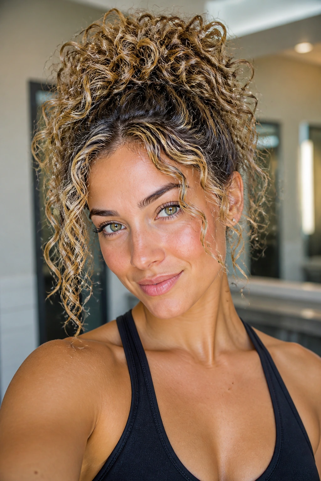 Close-up of a real woman with a pineapple ponytail and bright front pieces.