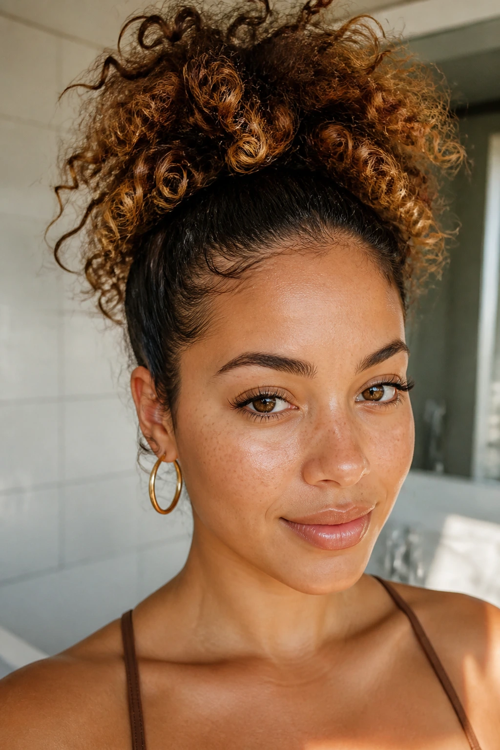 Real person with pineapple ponytail and caramel highlights