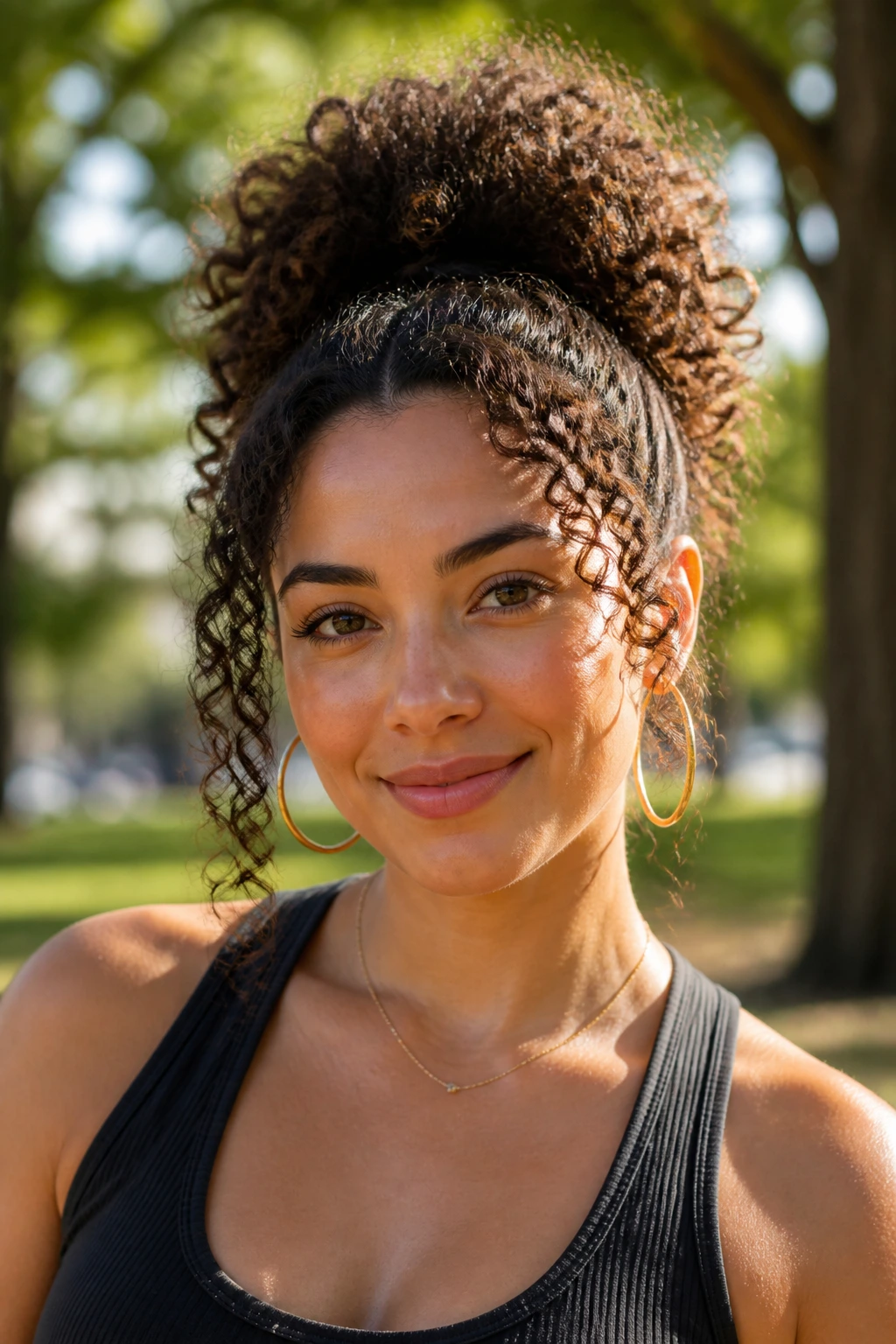 Real woman with a high pineapple ponytail in an outdoor park setting.