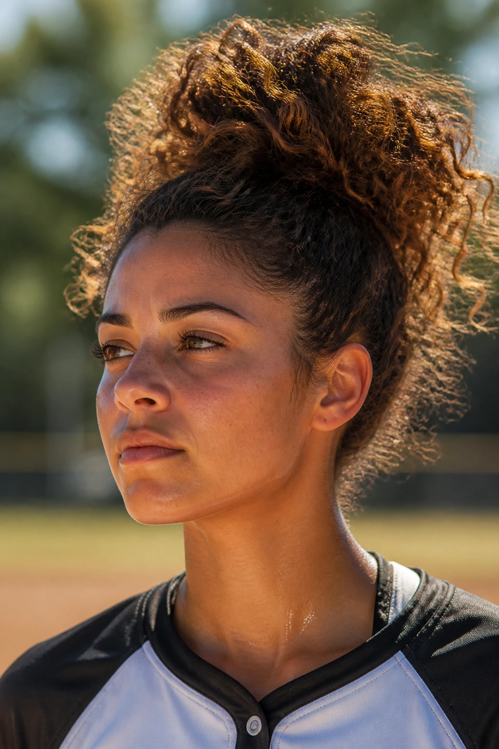 Close-up of a player with a high pineapple ponytail on a sunny softball field