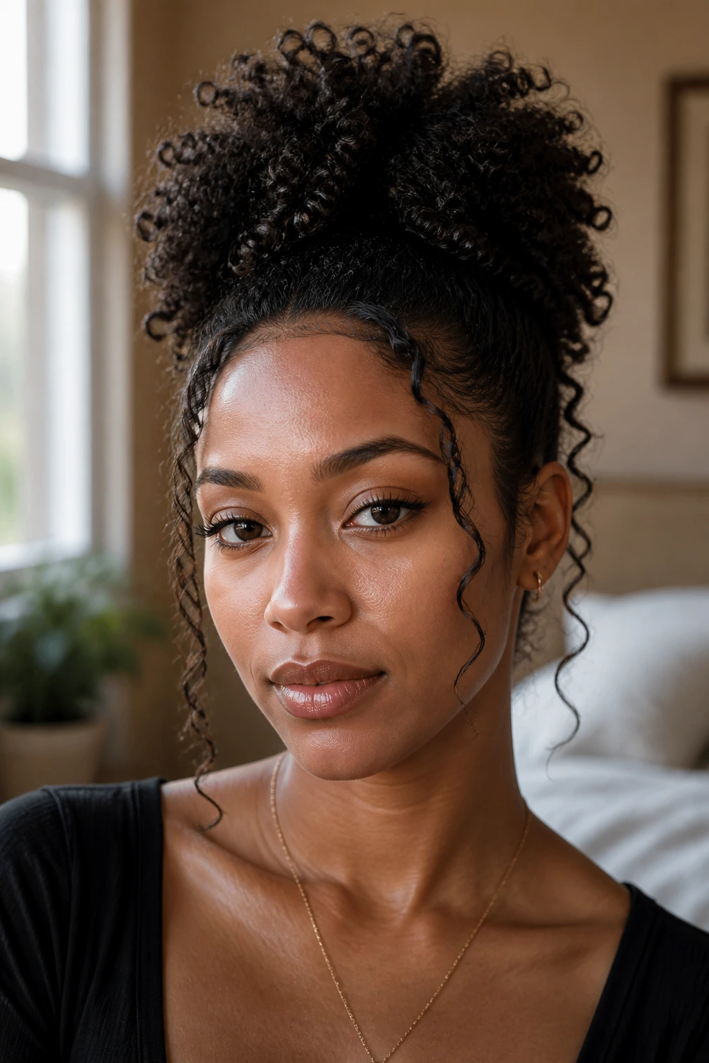 Close-up of real woman with pineapple ponytail and front tendrils in warm window light
